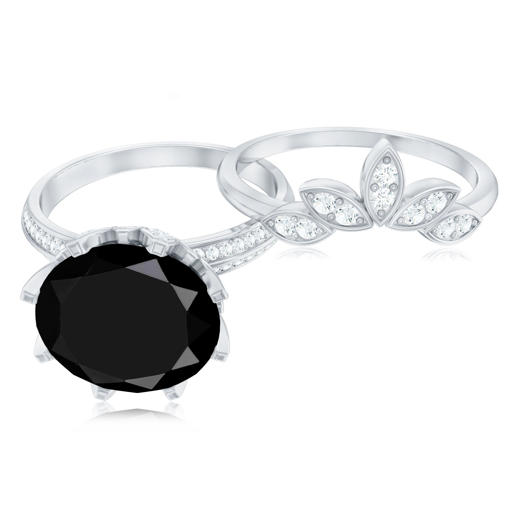 Nature Inspired 4.5 Carat Lab Grown Black and White Diamond Wedding Engagement Ring Set