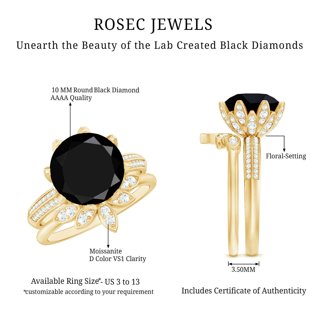 Nature Inspired 4.5 Carat Lab Grown Black and White Diamond Wedding Engagement Ring Set