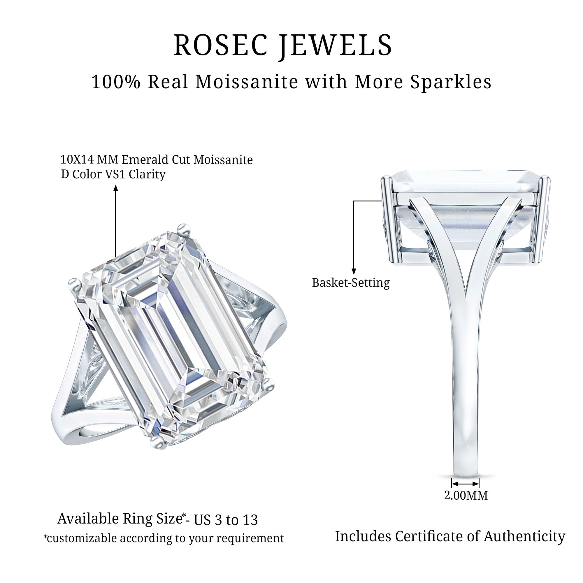 Certified 10X14 MM Emerald Cut Moissanite Engagement Ring for Women