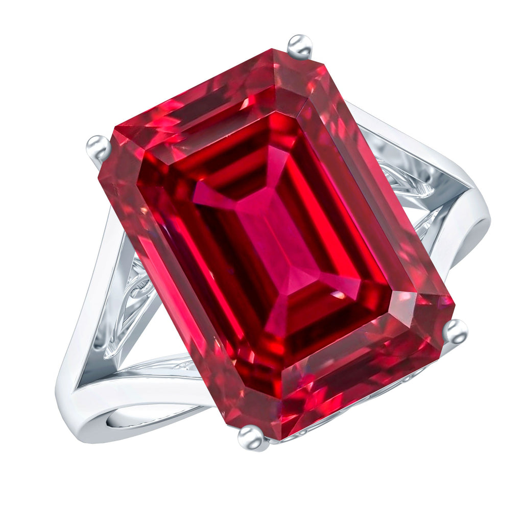Lab Grown Ruby 10X14 MM Emerald Cut Engagement Ring with Split Shank