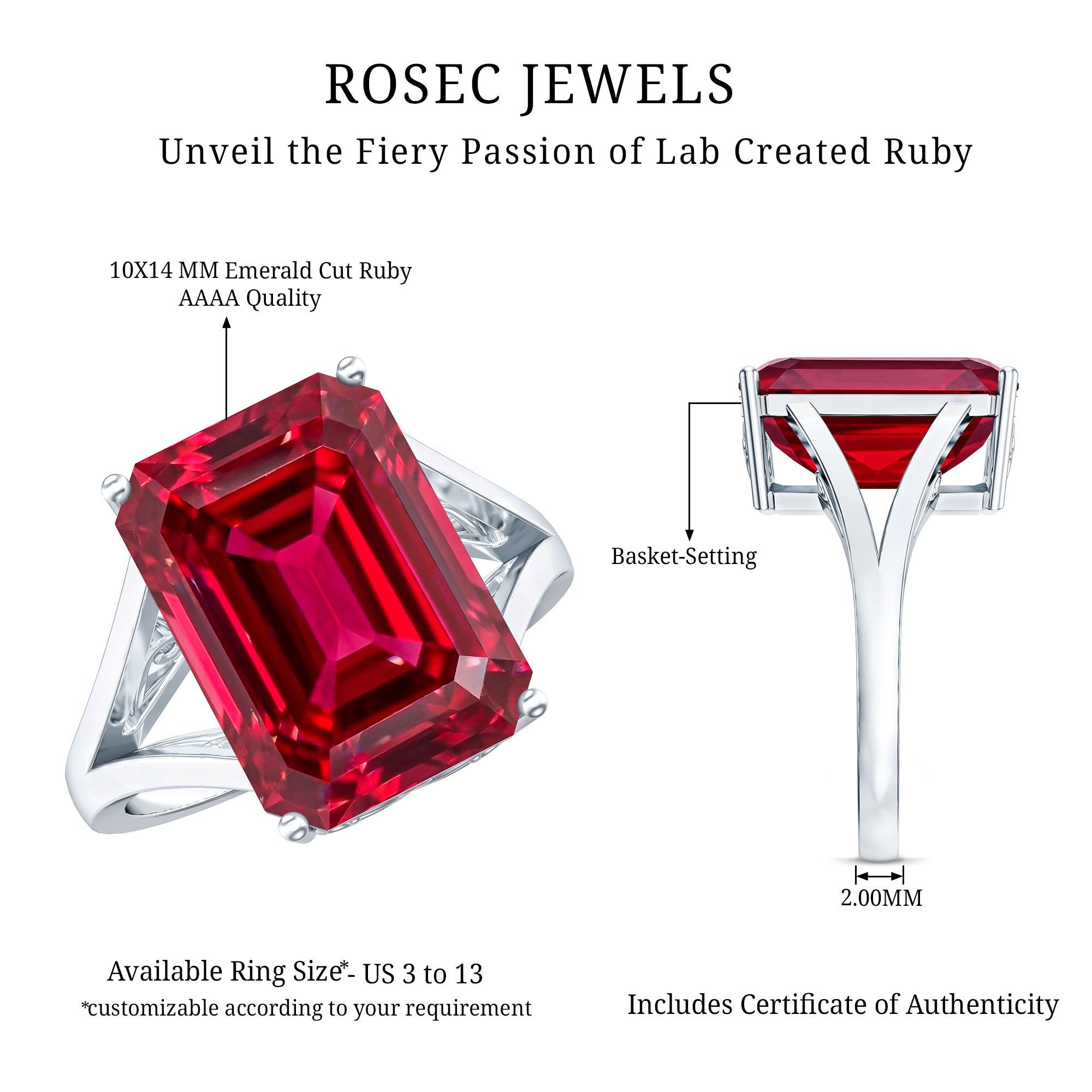 Lab Grown Ruby 10X14 MM Emerald Cut Engagement Ring with Split Shank