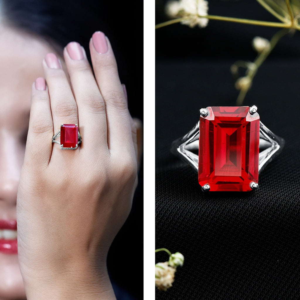 Lab Grown Ruby 10X14 MM Emerald Cut Engagement Ring with Split Shank
