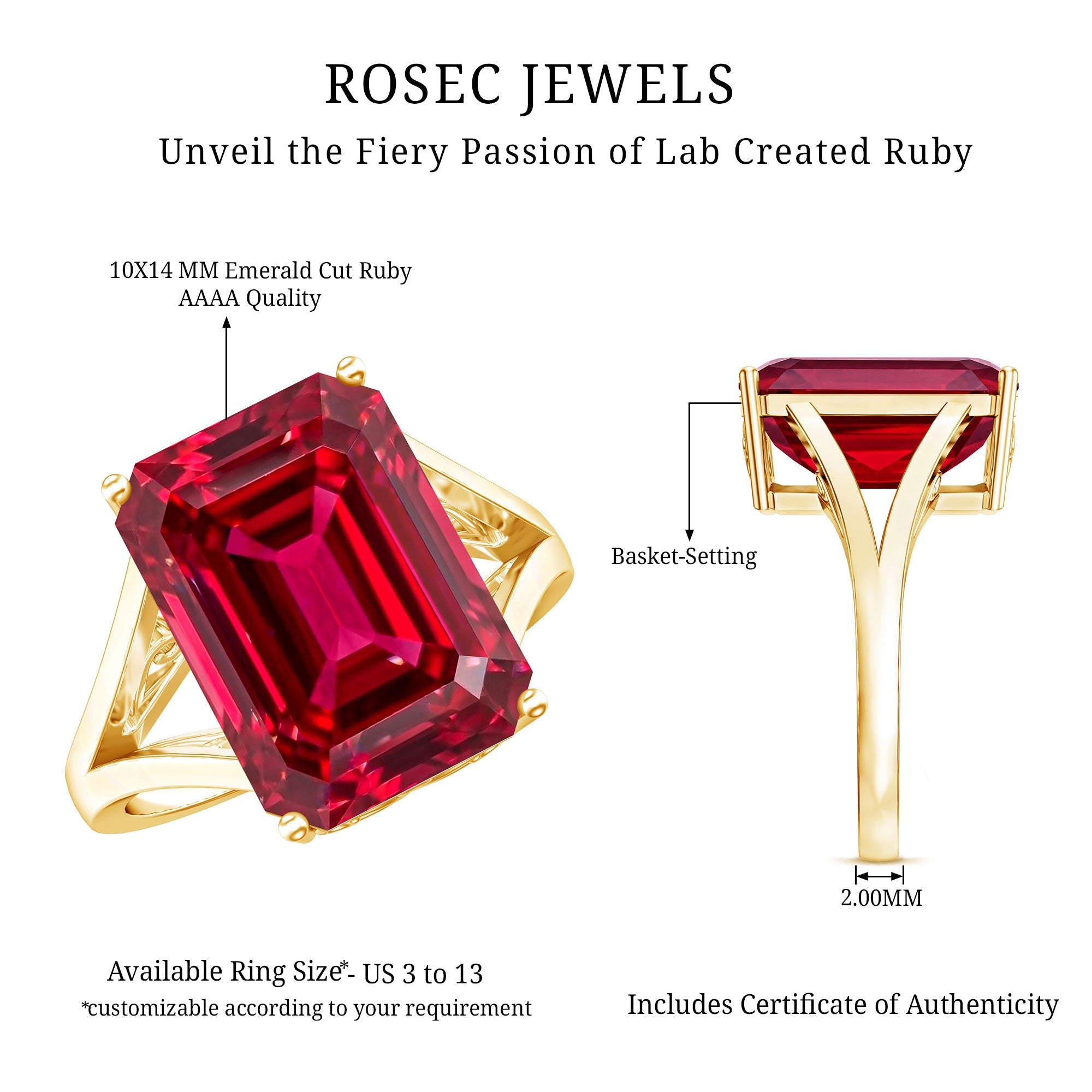 Lab Grown Ruby 10X14 MM Emerald Cut Engagement Ring with Split Shank