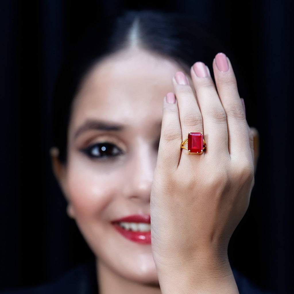 Lab Grown Ruby 10X14 MM Emerald Cut Engagement Ring with Split Shank