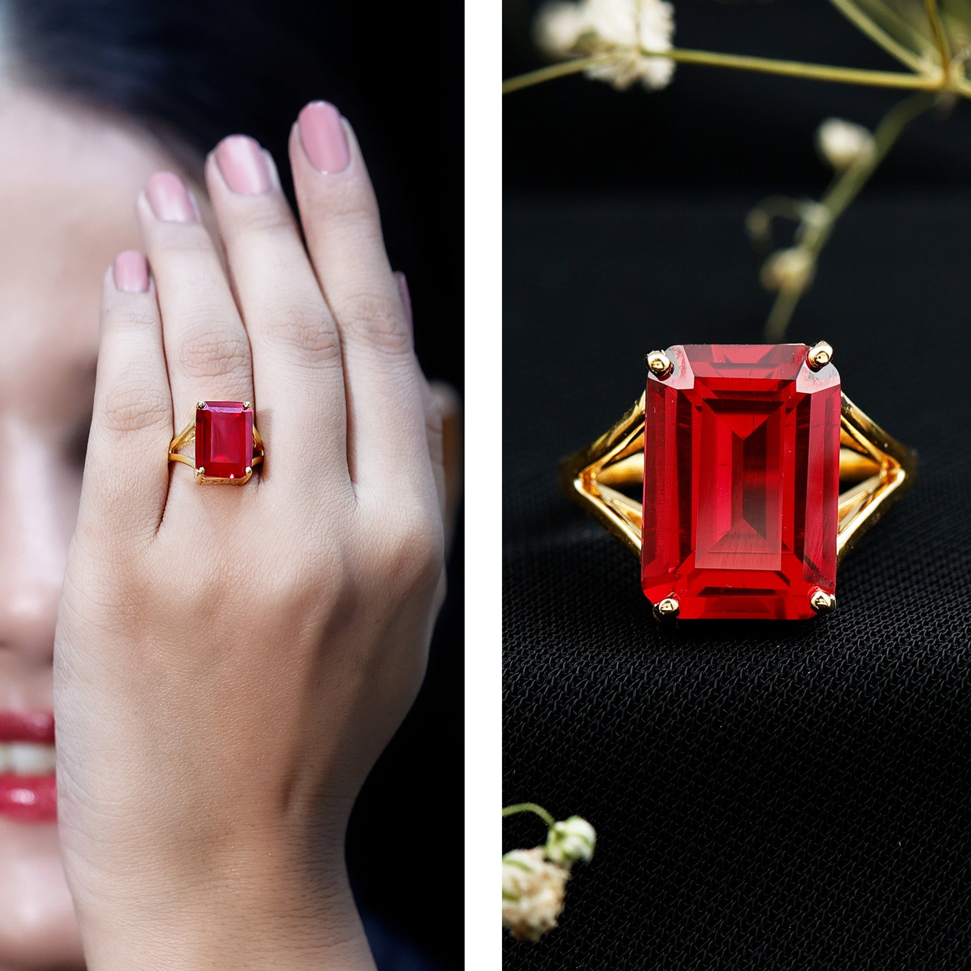 Lab Grown Ruby 10X14 MM Emerald Cut Engagement Ring with Split Shank