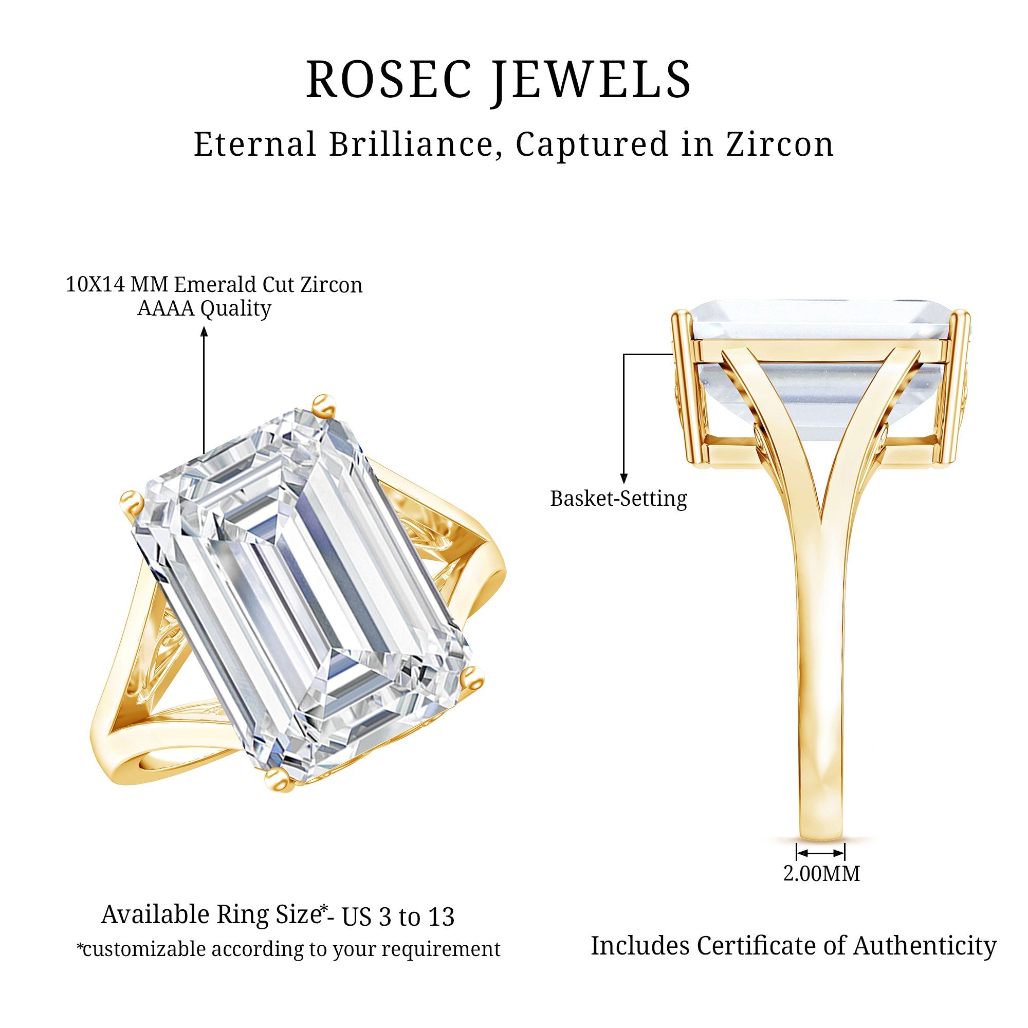 Certified 10X14 MM Emerald Cut Cubic Zirconia Solitaire Engagement Ring