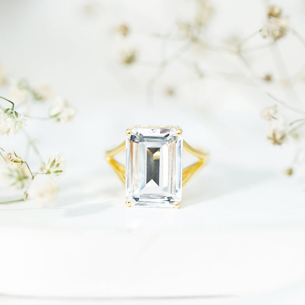 Certified 10X14 MM Emerald Cut Cubic Zirconia Solitaire Engagement Ring