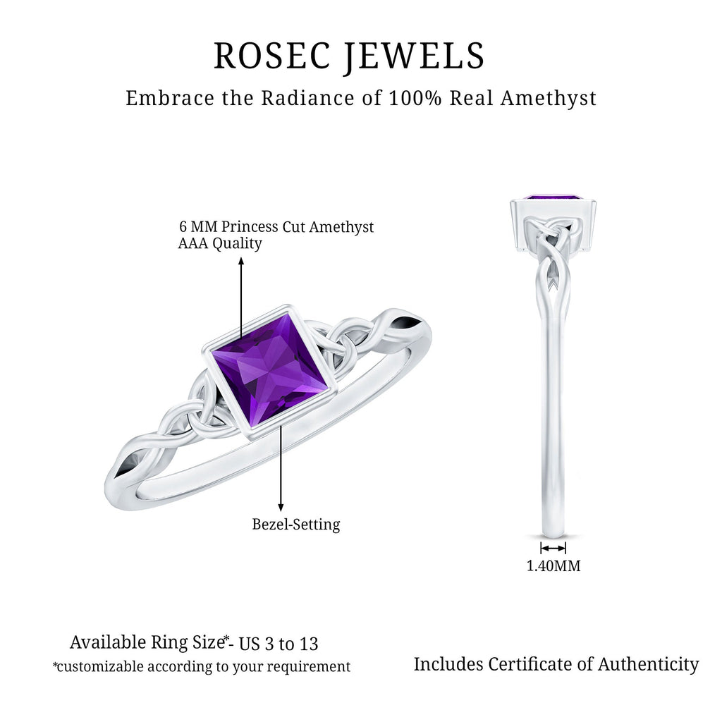 1.2 Carat Princess Cut Amethyst Promise Ring with Celtic Knot