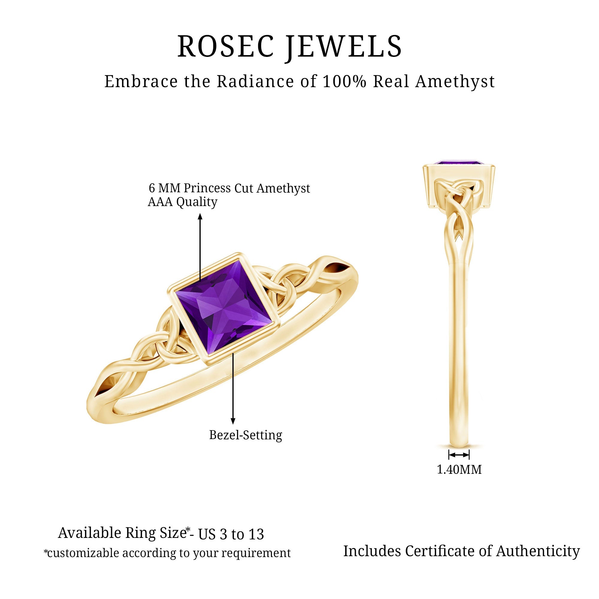 1.2 Carat Princess Cut Amethyst Promise Ring with Celtic Knot