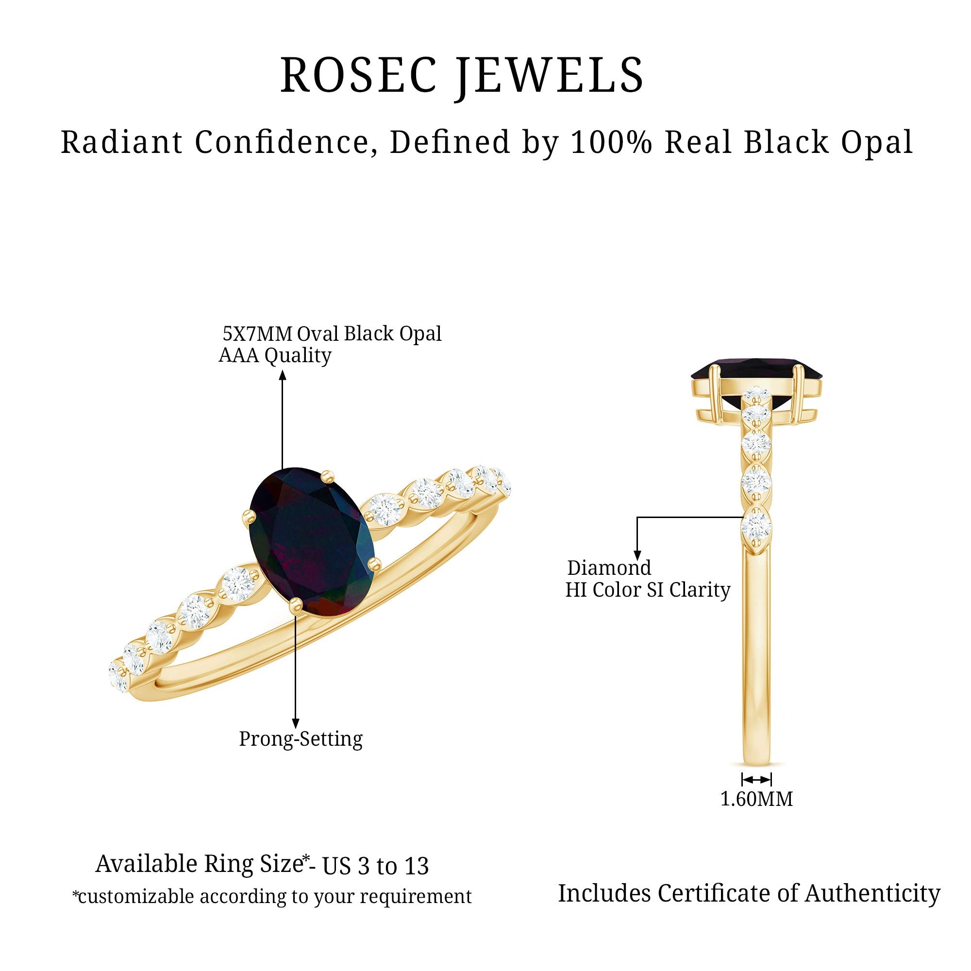 Oval Black Opal Solitaire Engagement Ring with Diamond