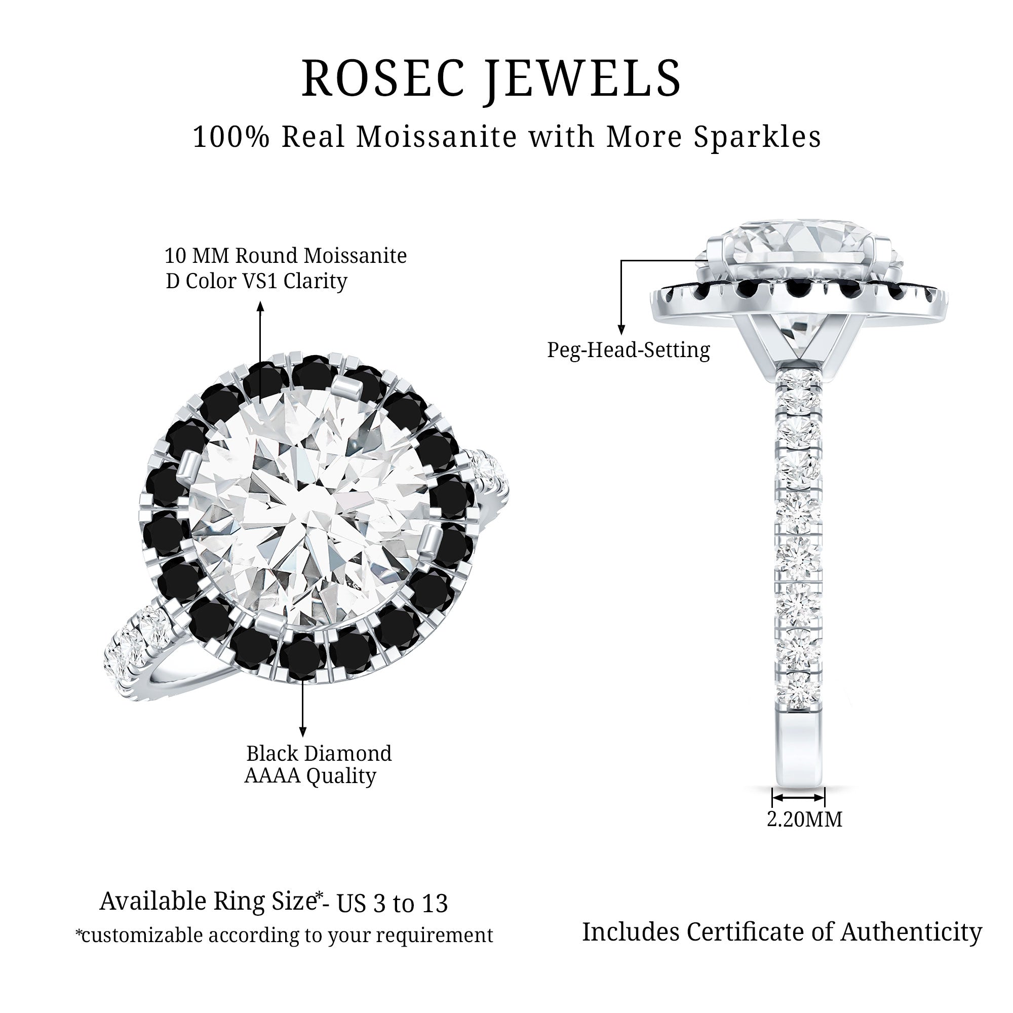 Certified 10 MM Moissanite Halo Engagement Ring With Lab Black Diamond