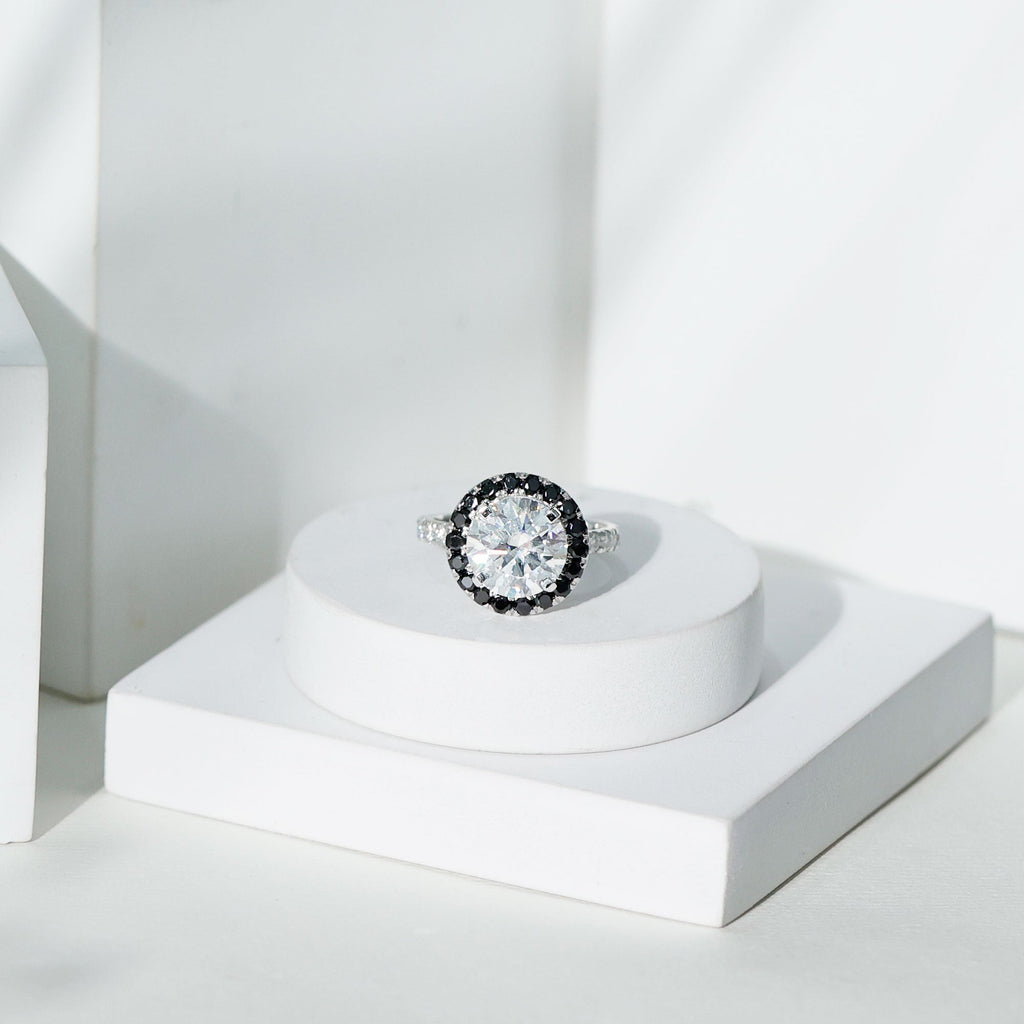 Certified 10 MM Moissanite Halo Engagement Ring With Lab Black Diamond