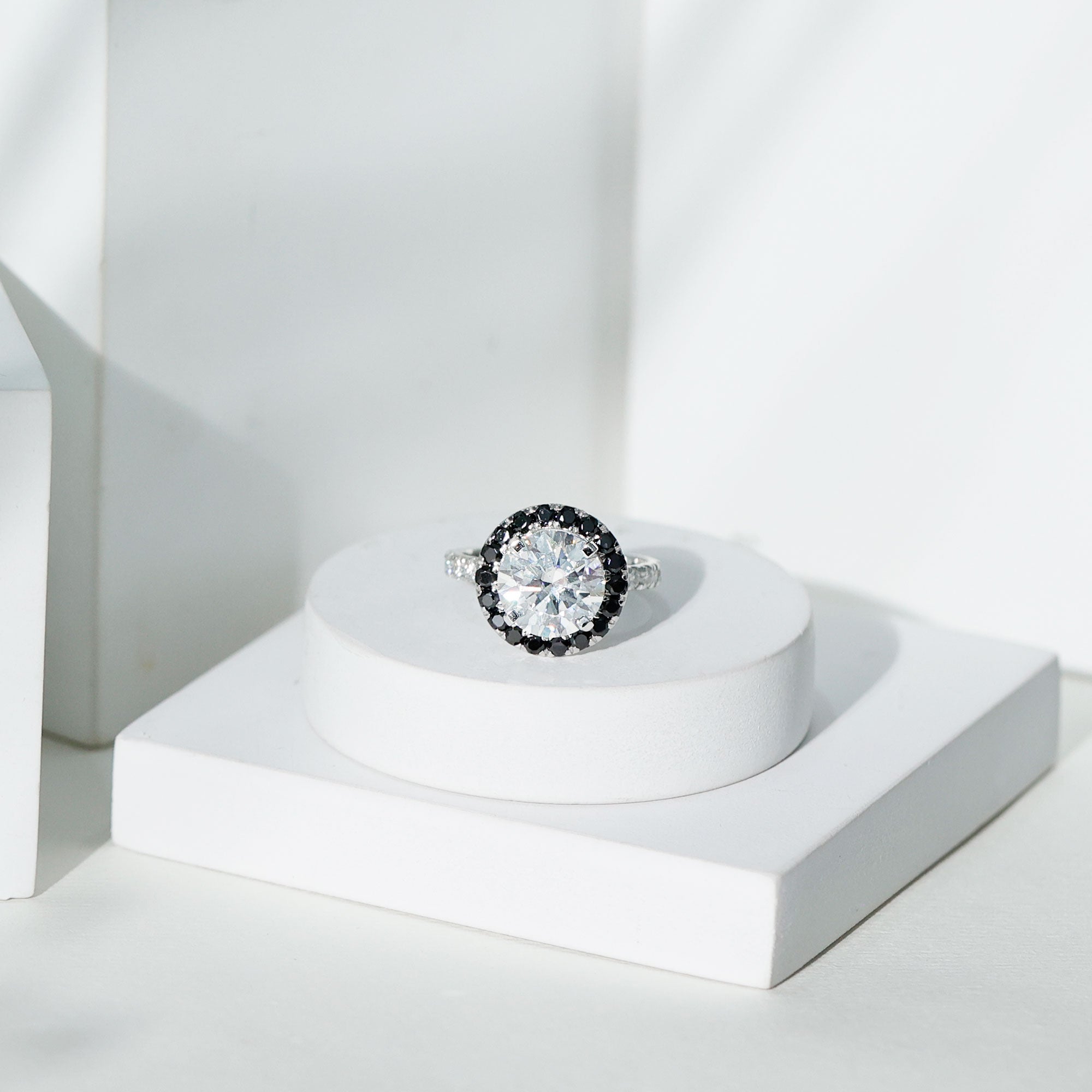 Certified 10 MM Moissanite Halo Engagement Ring With Lab Black Diamond