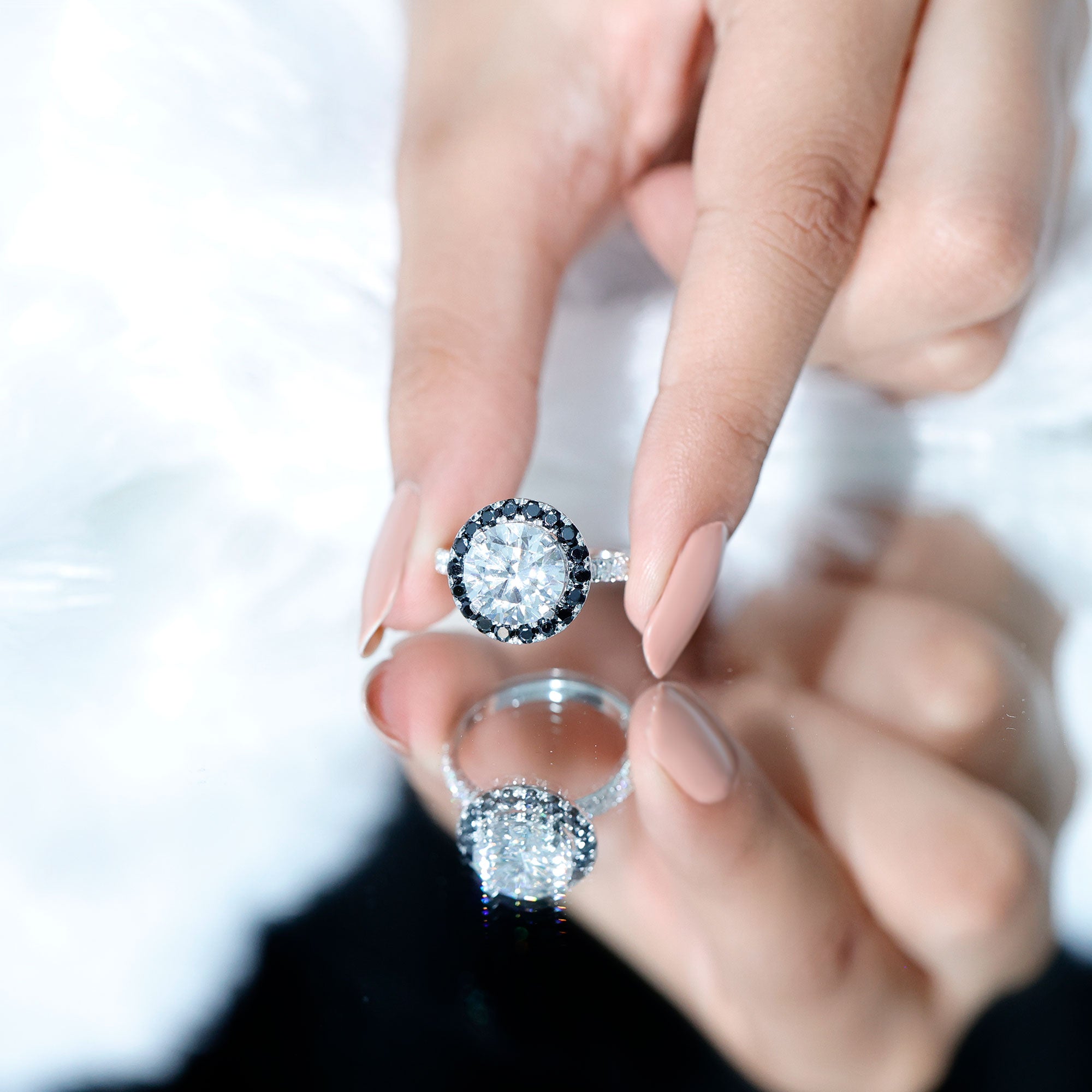 Certified 10 MM Moissanite Halo Engagement Ring With Lab Black Diamond