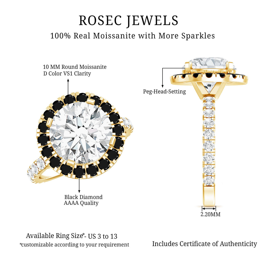 Certified 10 MM Moissanite Halo Engagement Ring With Lab Black Diamond