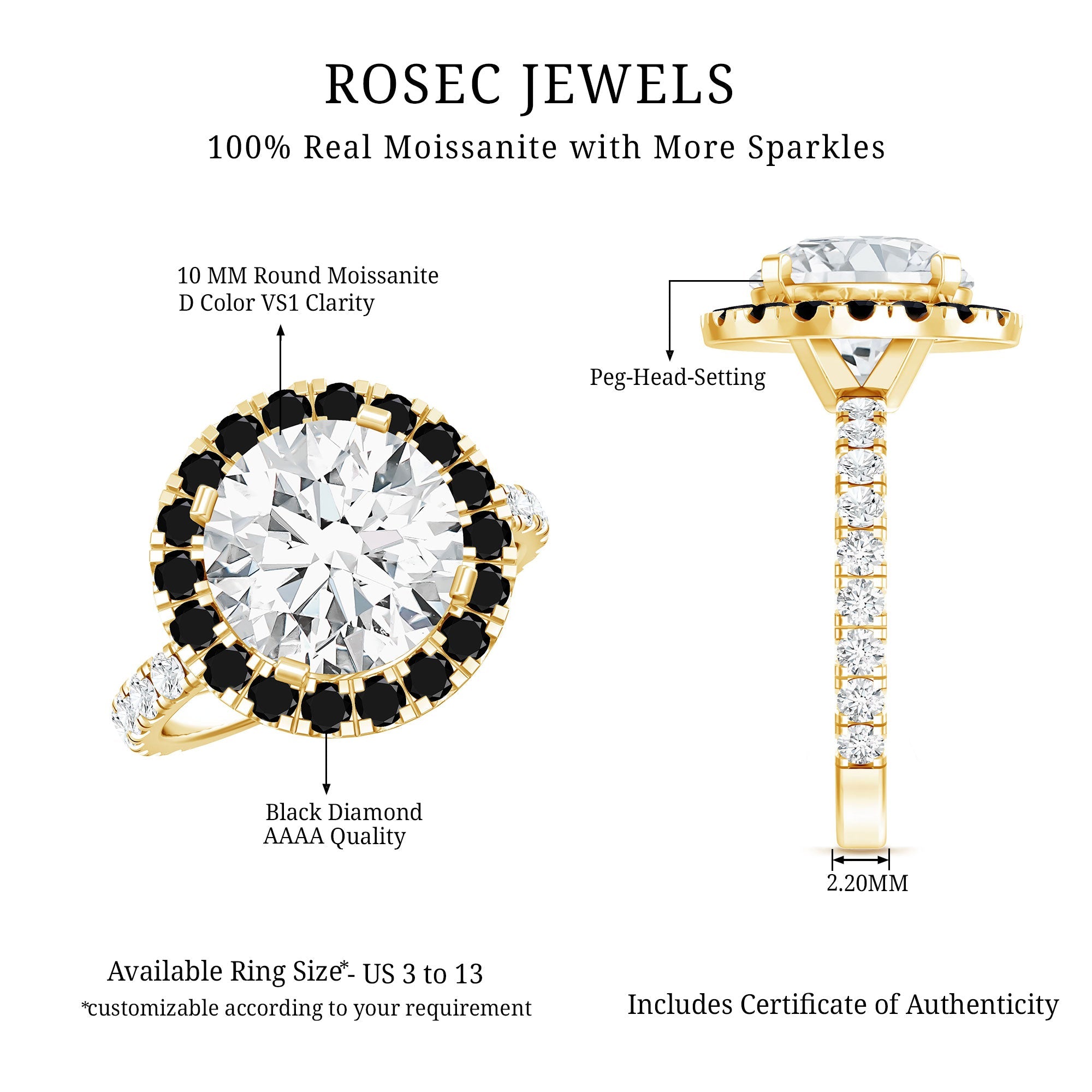 Certified 10 MM Moissanite Halo Engagement Ring With Lab Black Diamond