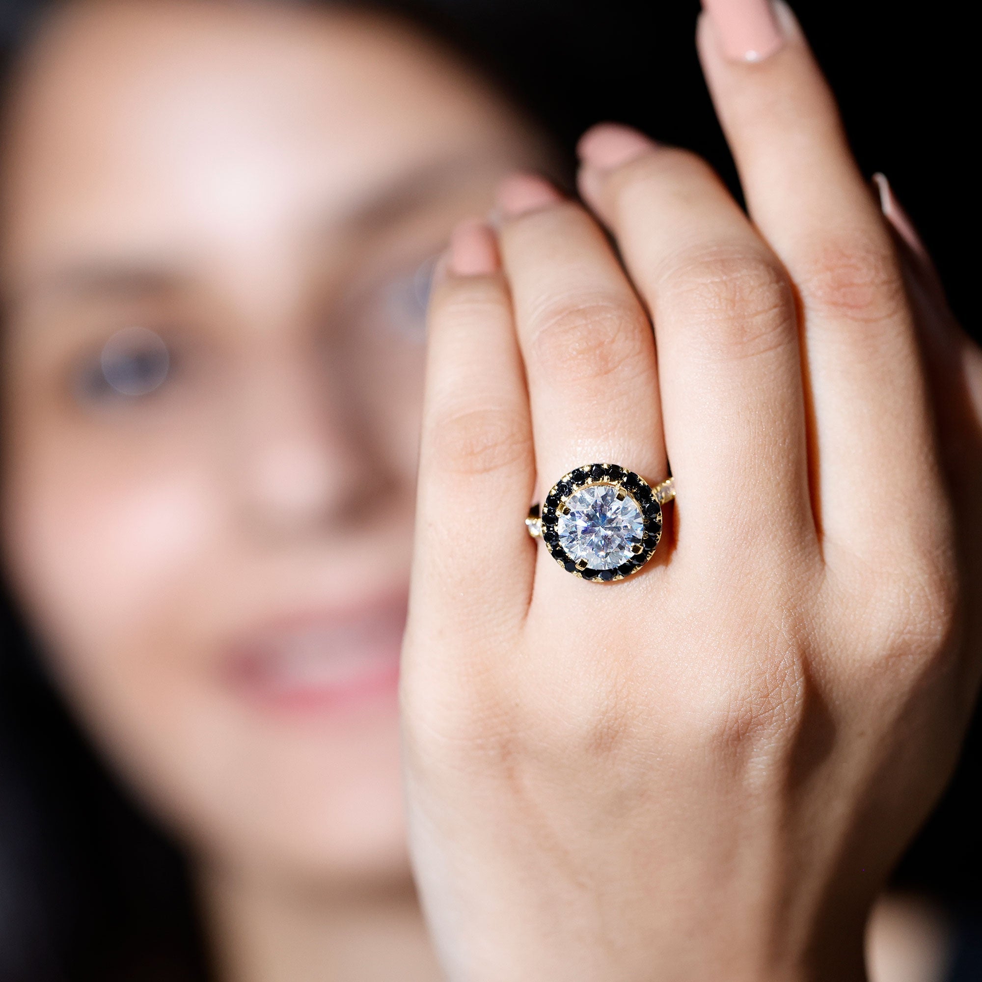 Certified 10 MM Moissanite Halo Engagement Ring With Lab Black Diamond
