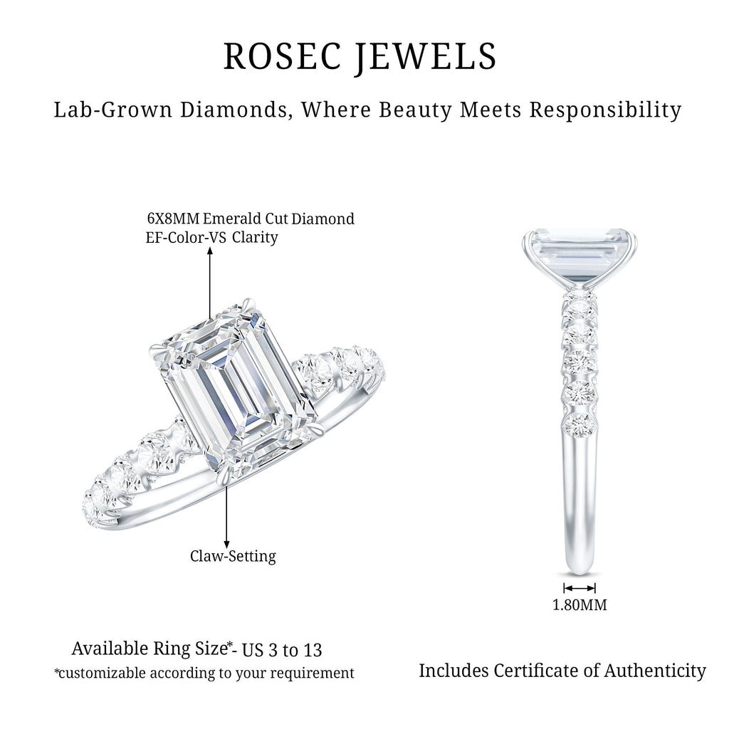 6X8 MM Emerald Cut Lab Grown Diamond Engagement Ring with Accent