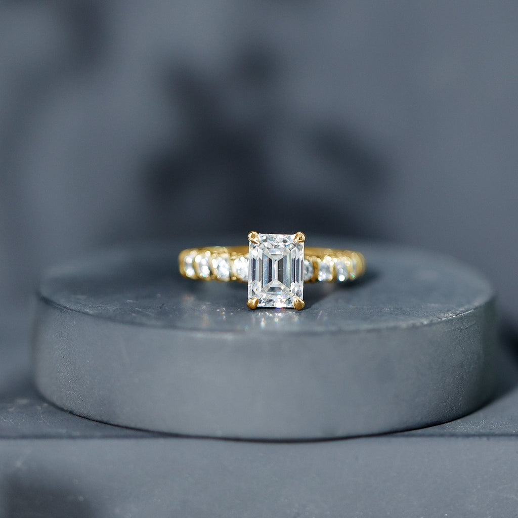 6X8 MM Emerald Cut Lab Grown Diamond Engagement Ring with Accent