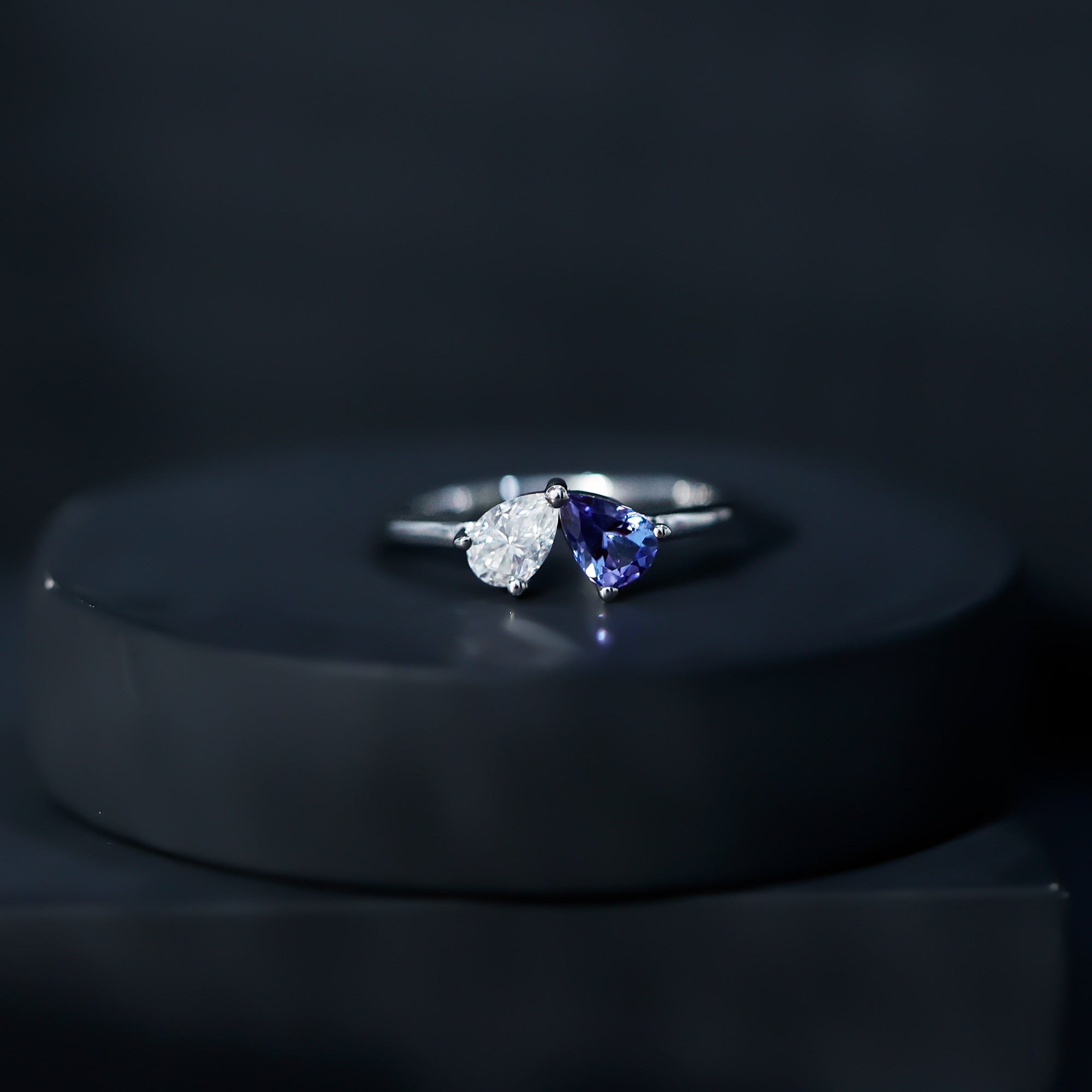 Pear Shaped Tanzanite Moissanite Two Stone Promise Ring in Silver