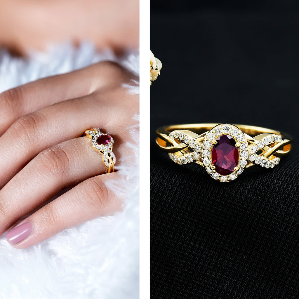 Genuine Rhodolite Garnet and Diamond Criss Cross Engagement Ring