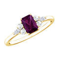 Certified Rhodolite Emerald Cut Engagement Ring with Diamond Trio