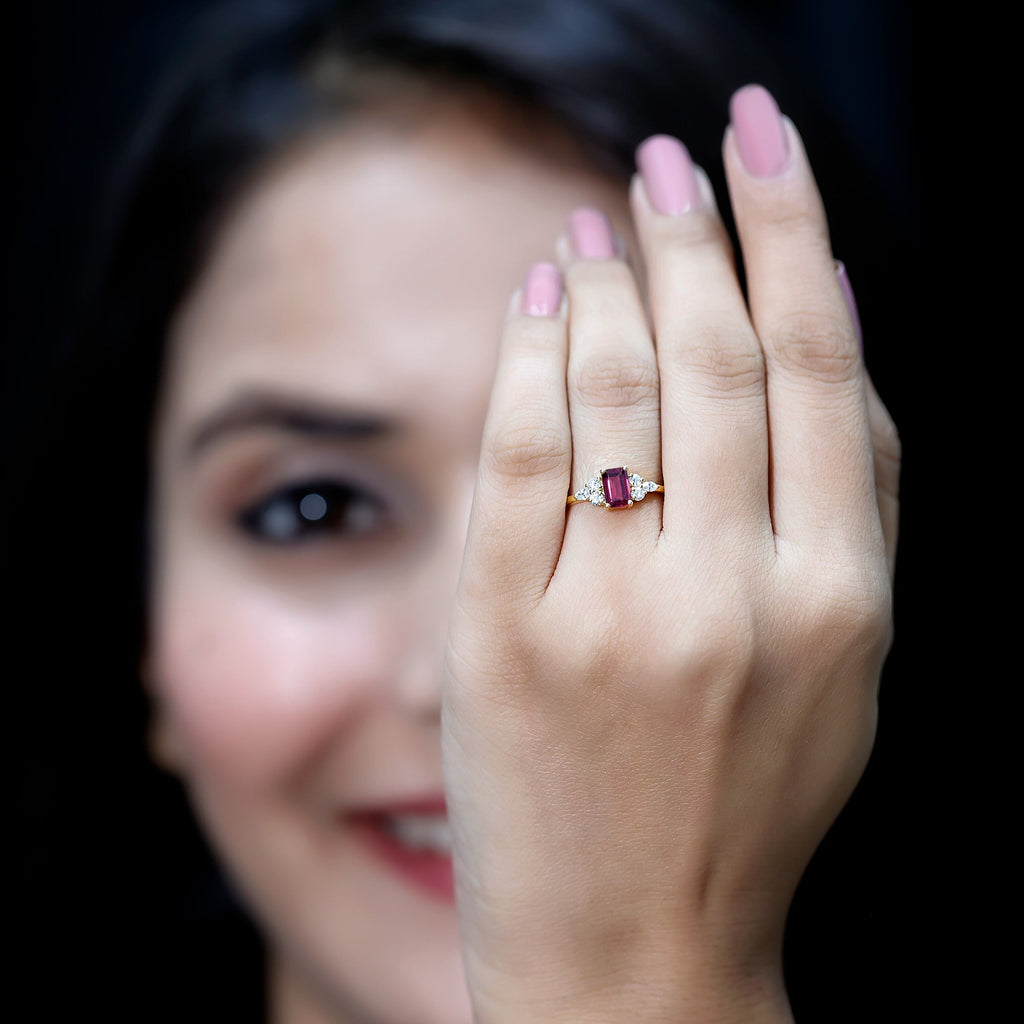 Certified Rhodolite Emerald Cut Engagement Ring with Diamond Trio