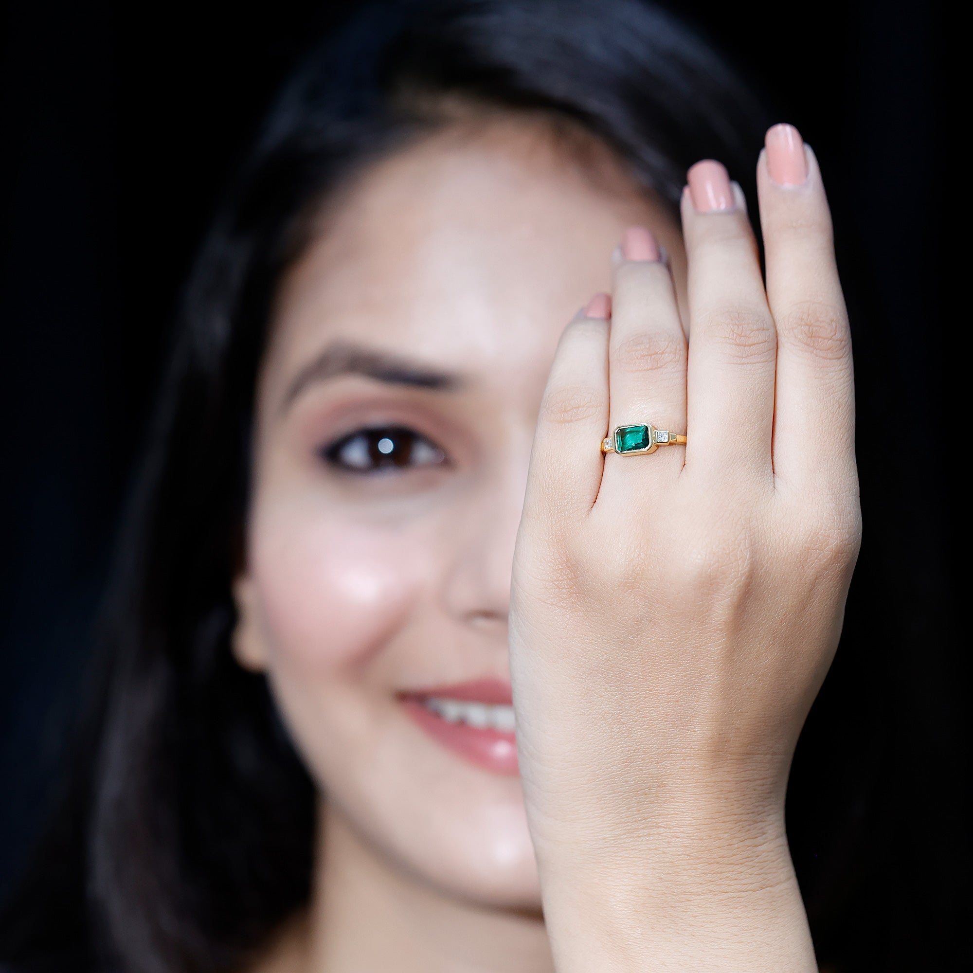 1 Carat Lab Grown Emerald 3 Stone Engagement Ring with Diamond in East West Style