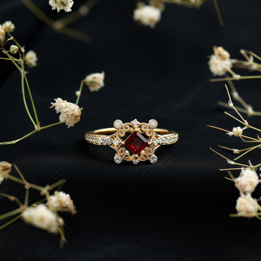 Certified Lab Grown Ruby Diamond Retro Engagement Ring