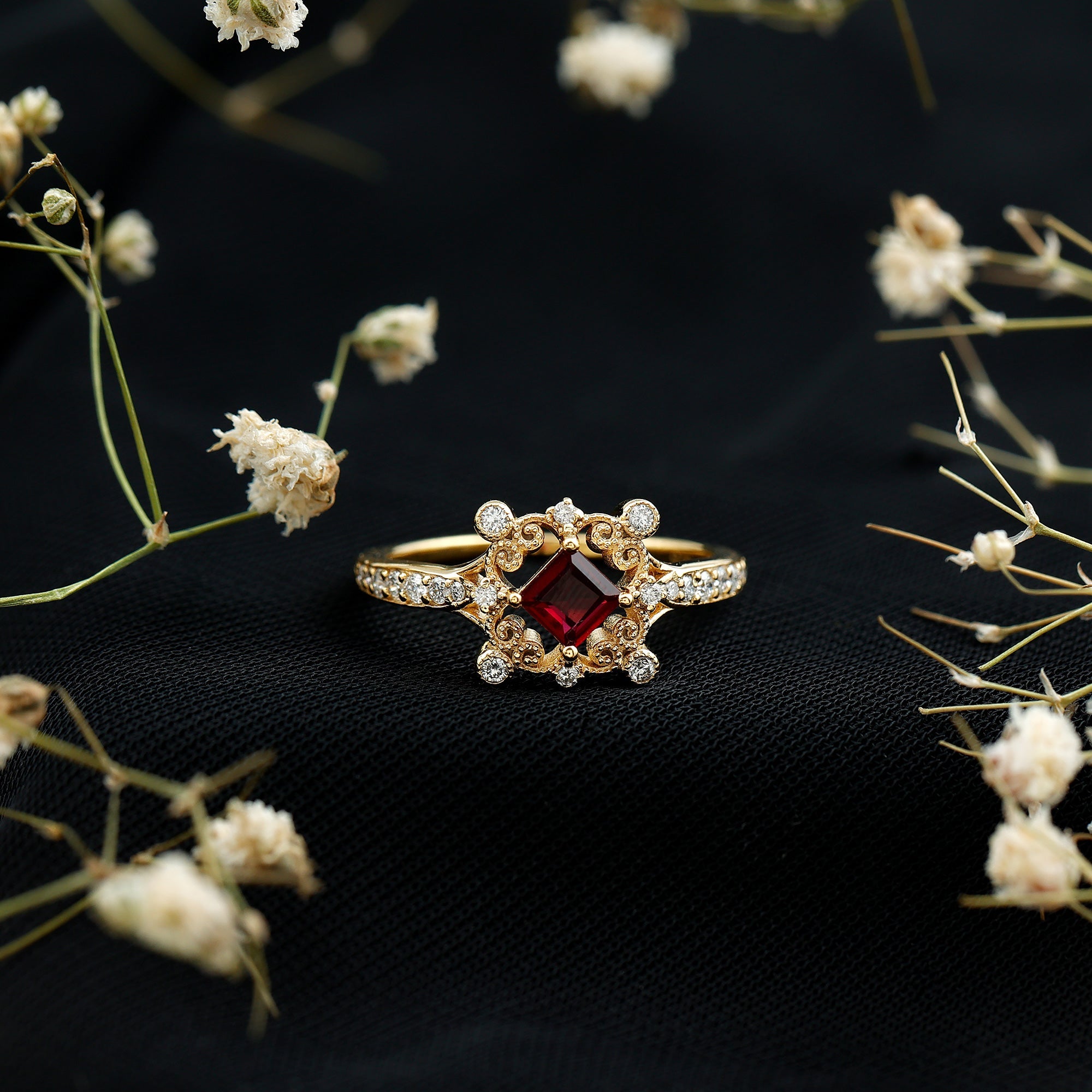 Certified Lab Grown Ruby Diamond Retro Engagement Ring