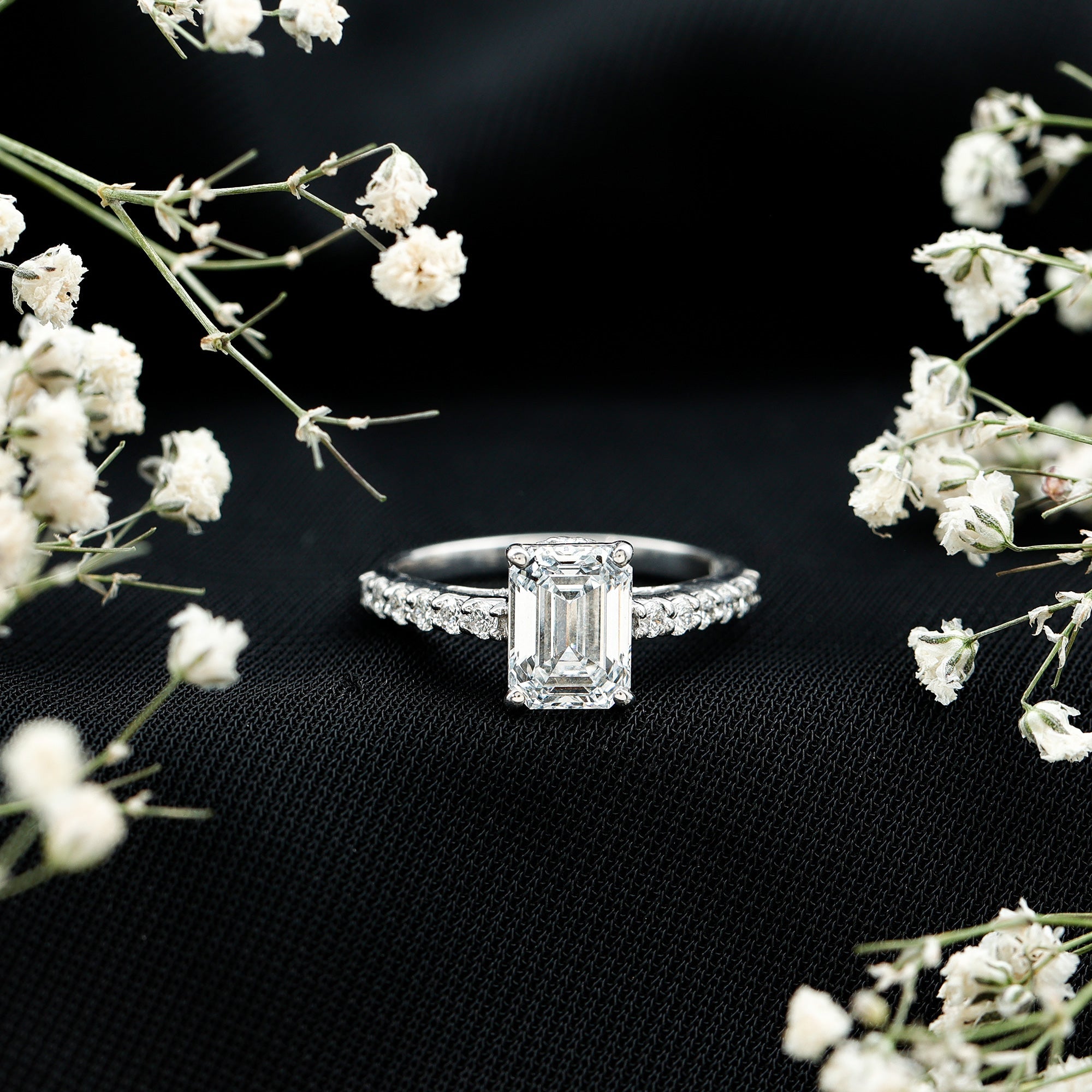 Diamond Emerald Cut Engagement Ring With Hidden Halo