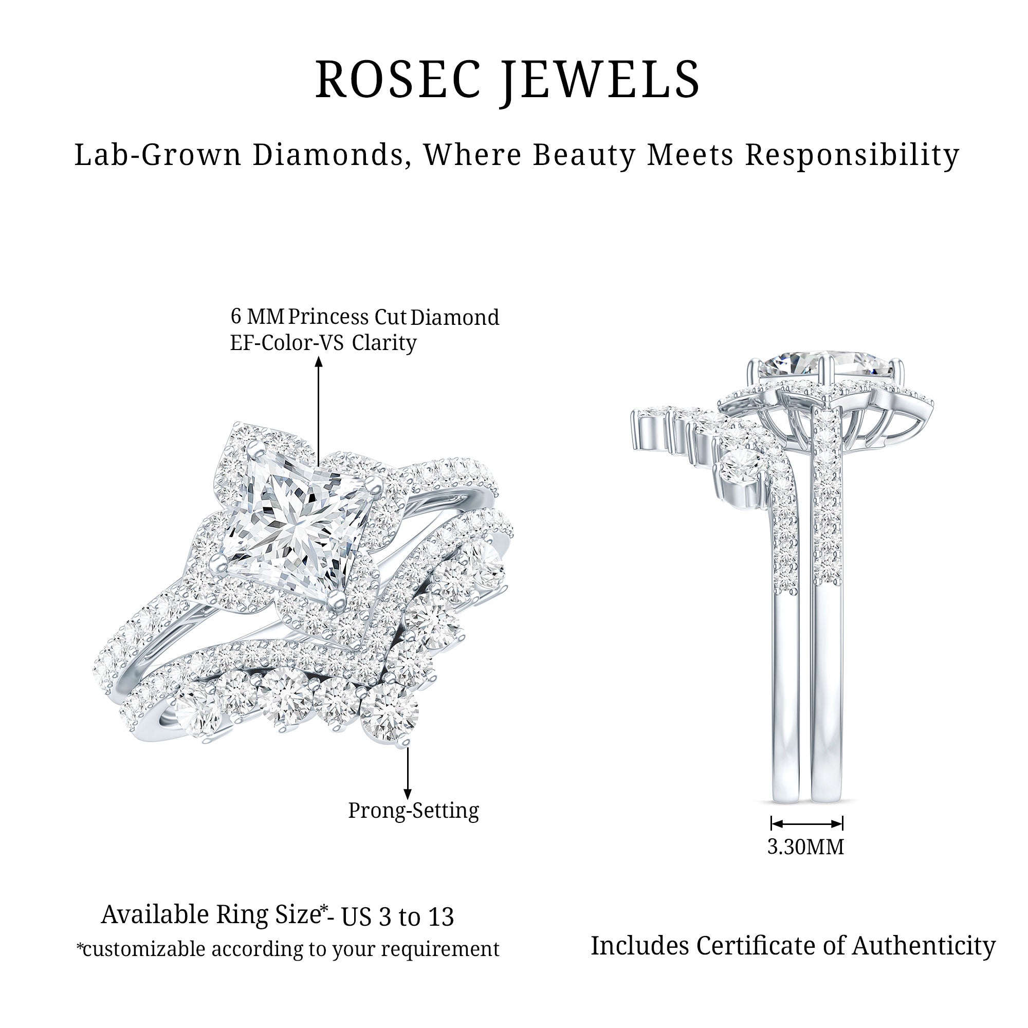 6 MM Princess Cut Lab Grown Diamond Designer Bridal Ring Set