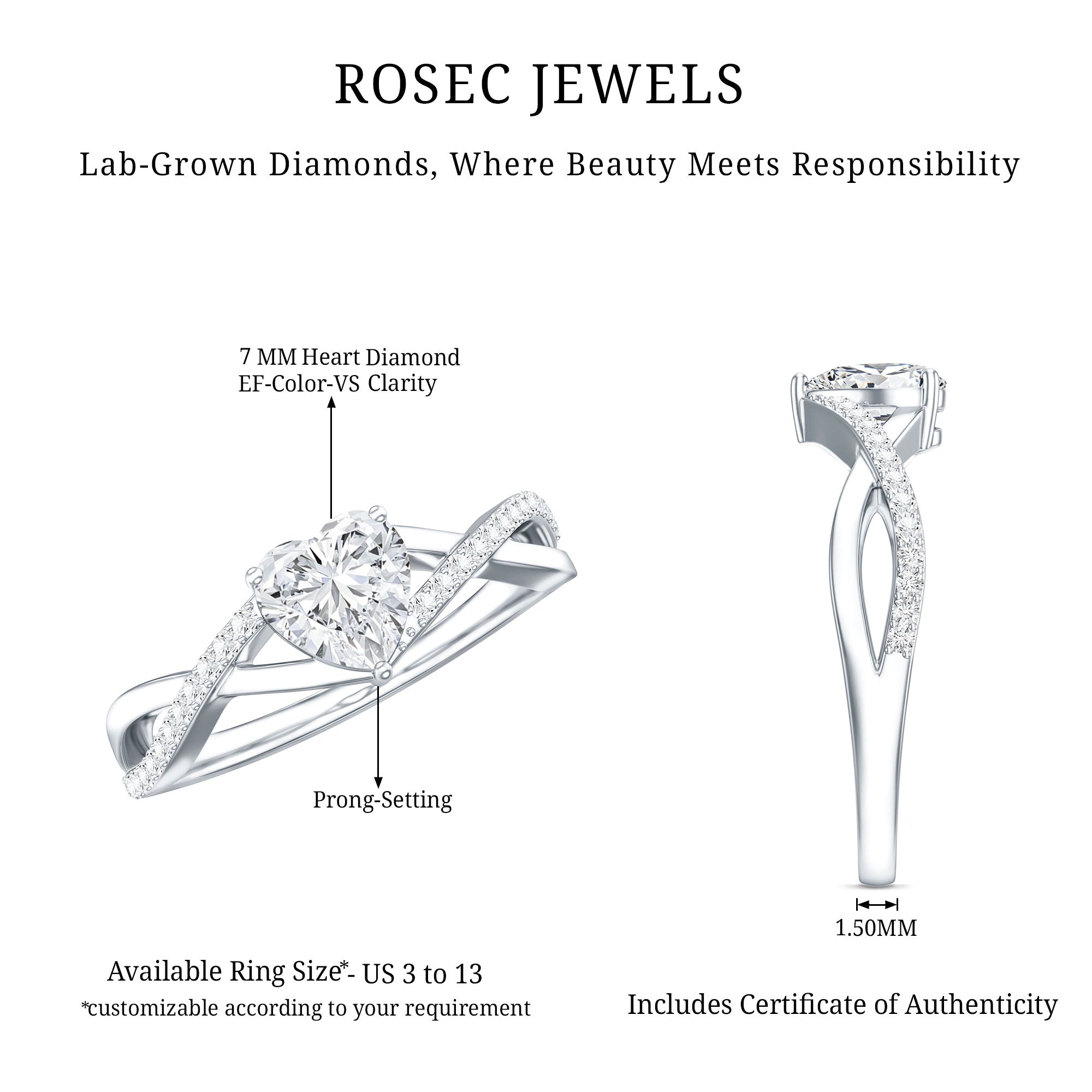 Lab Created Diamond Heart Crossover Engagement Ring