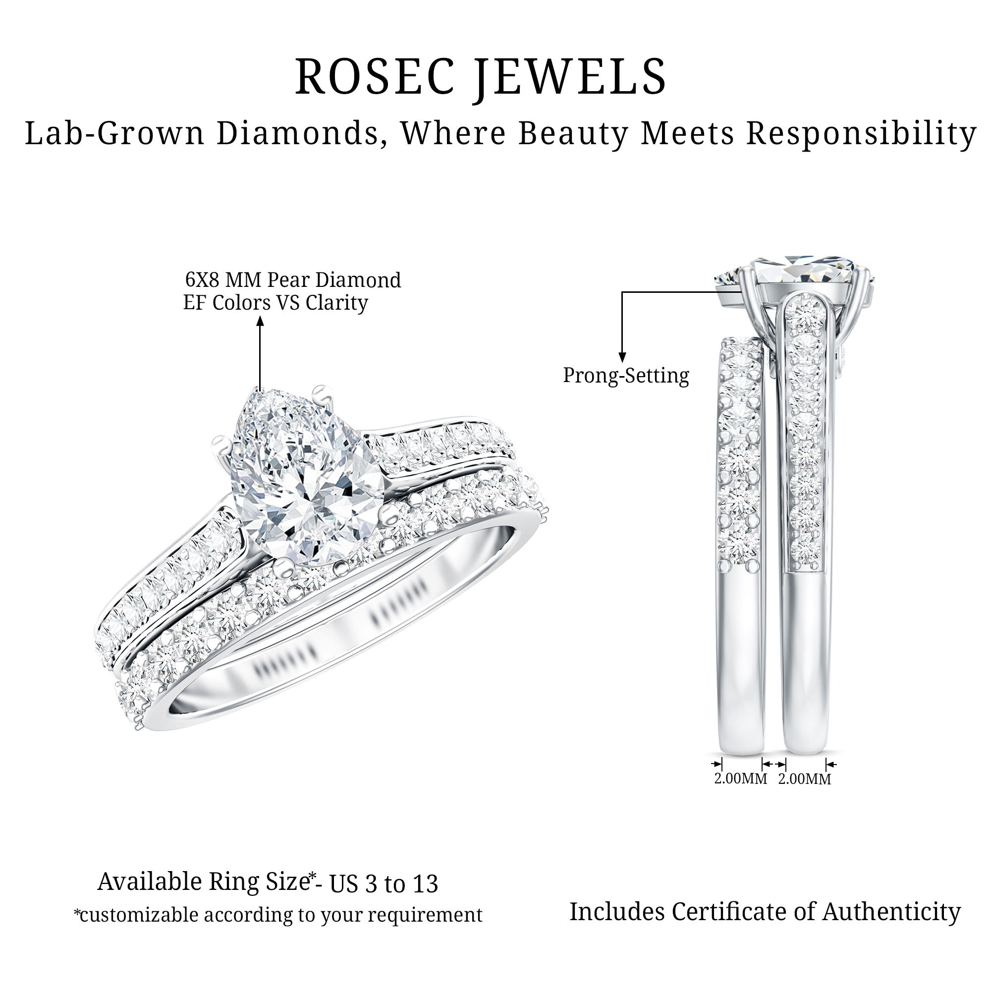 Pear Cut 6X8 MM Lab Grown Diamond Marriage Ring Set for Women