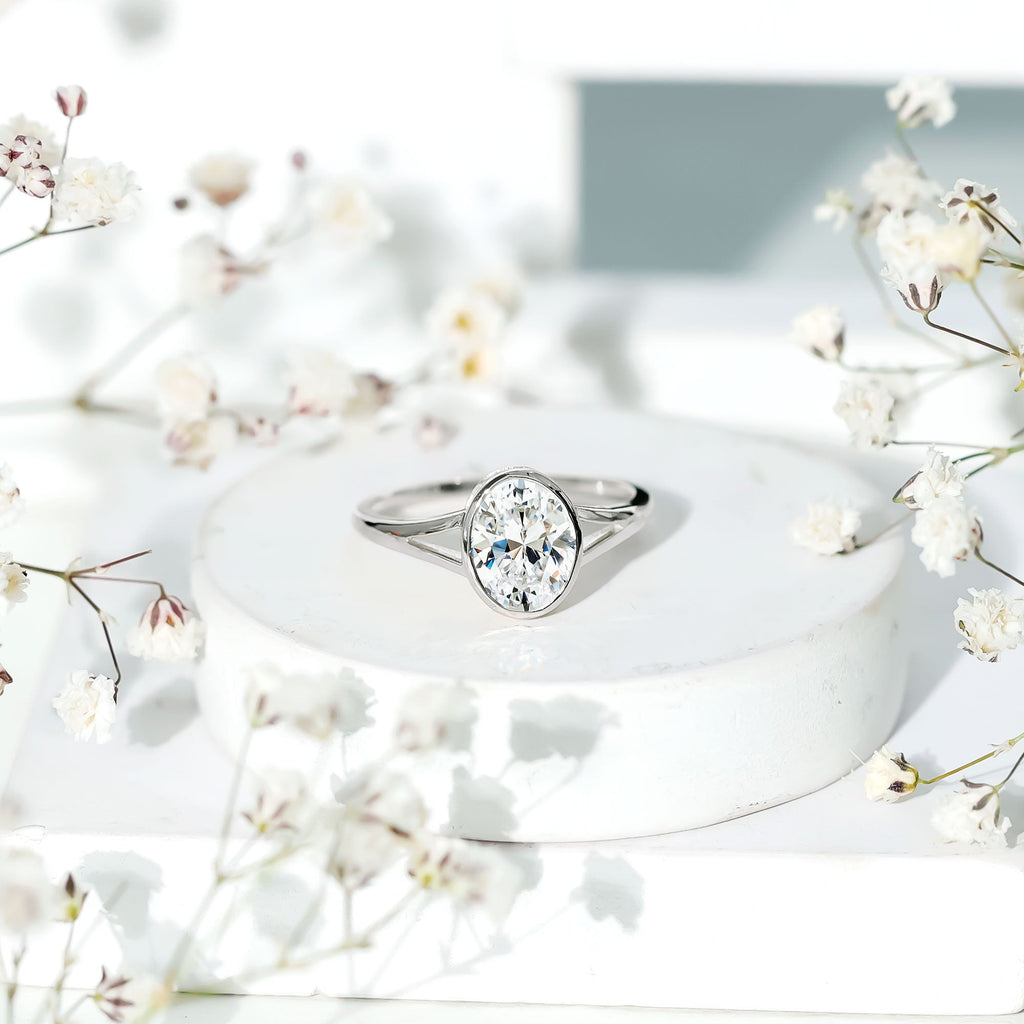 Bezel Set Oval Lab Created Diamond Solitaire Ring For Women