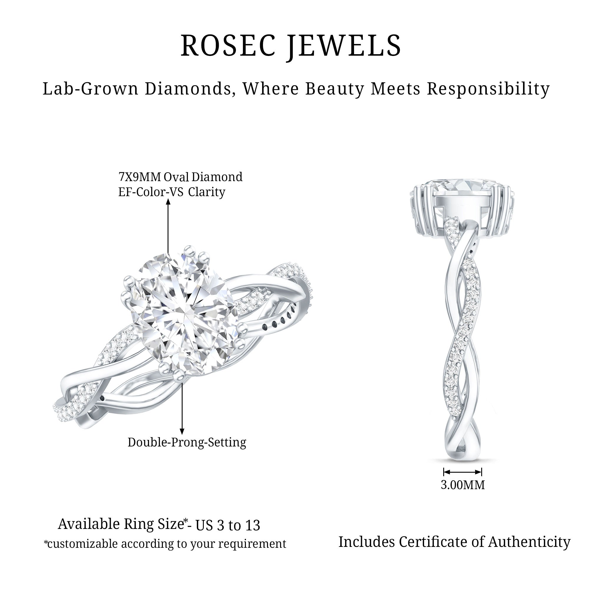 7X9 mm Lab Grown Diamond Oblong Engagement Ring
