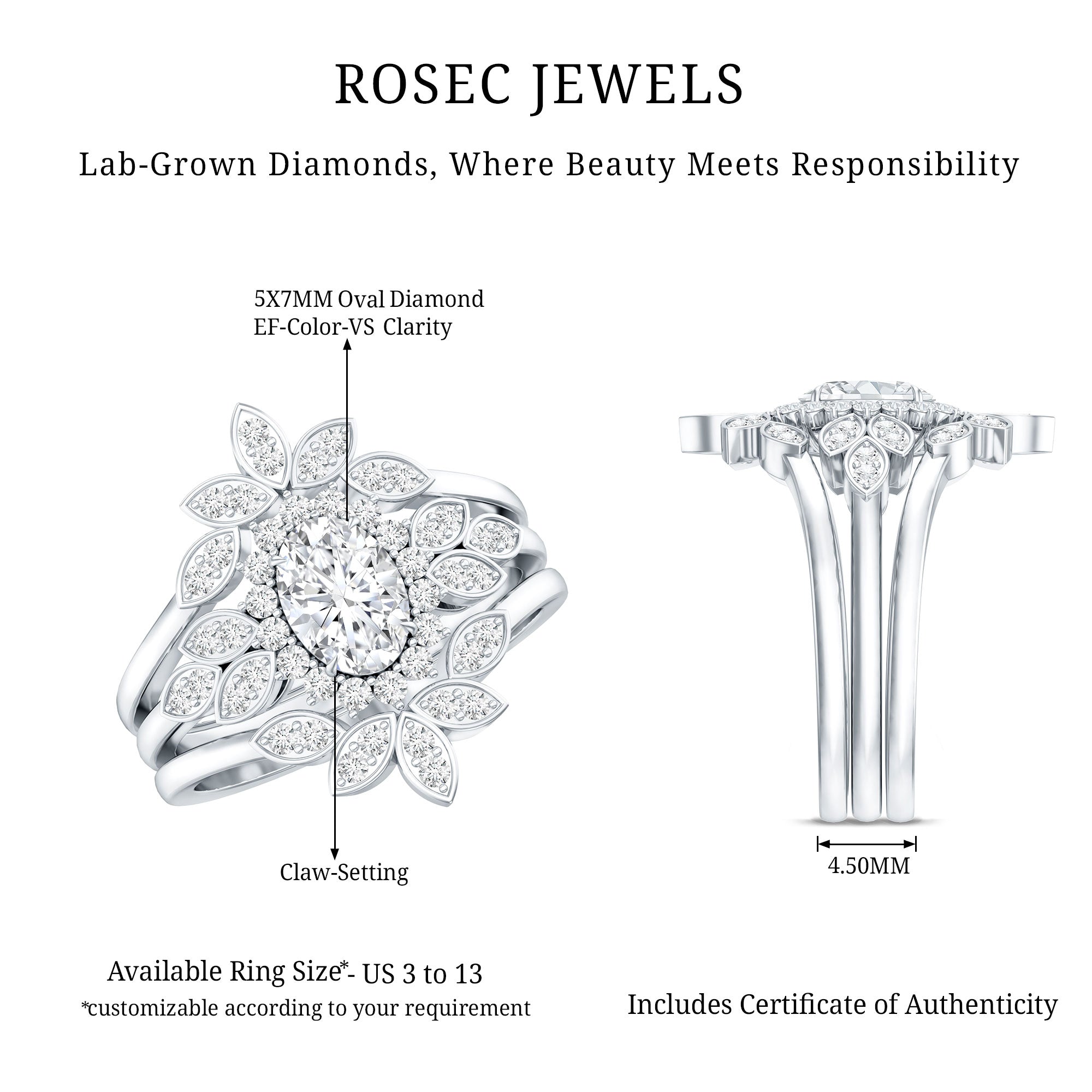 Lab Grown Diamond Vintage Engagement Ring with 2 Wedding Bands