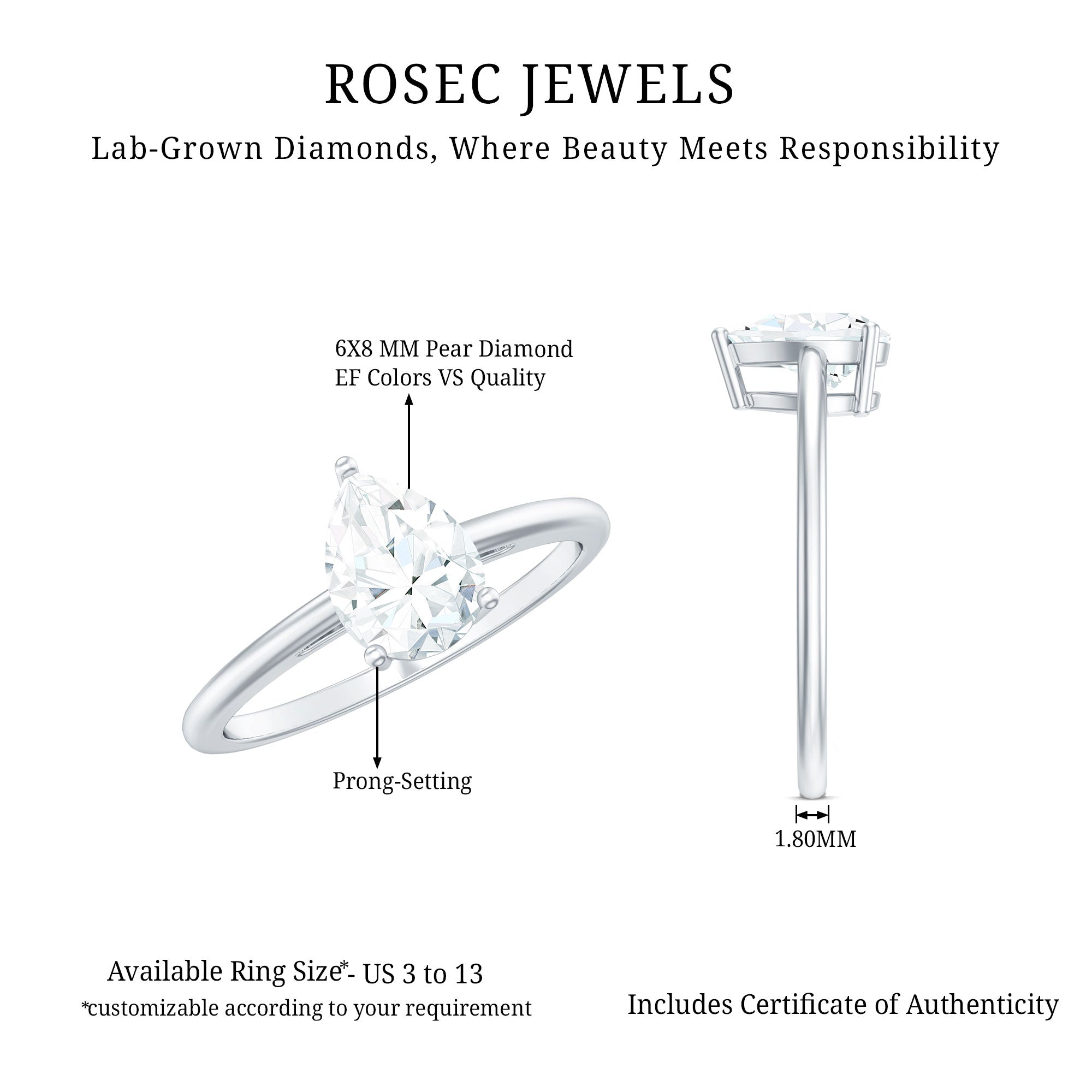 Single Stone Lab Grown Diamond Pear Engagement Ring