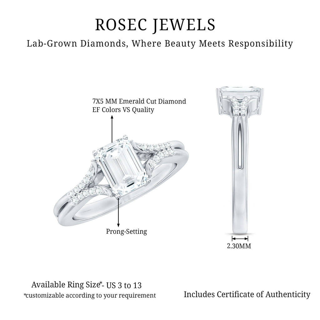 Emerald Cut Lab Diamond Engagement Ring With Split Shank Ring