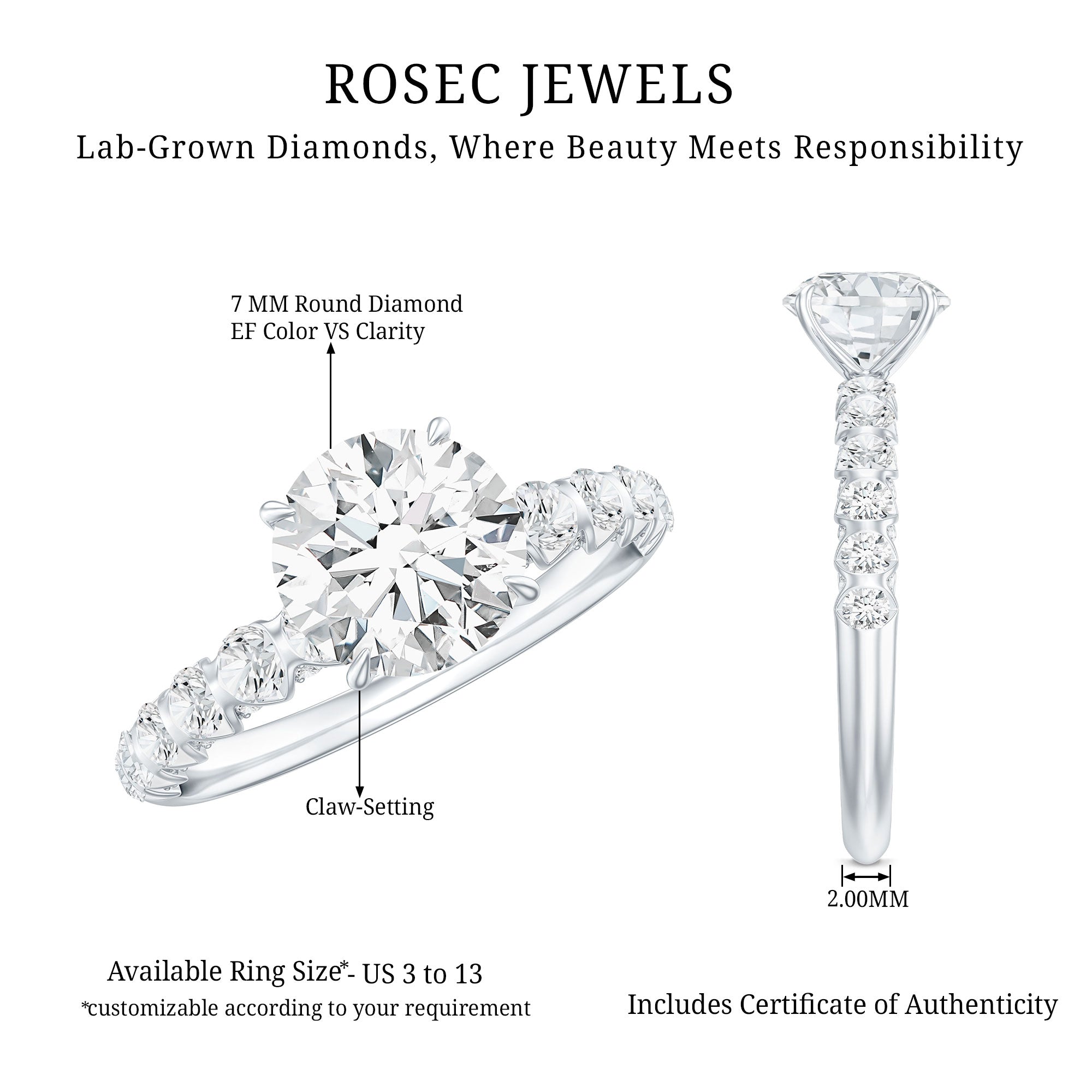 Certified 7 MM Lab Grown Diamond Solitaire Engagement Ring