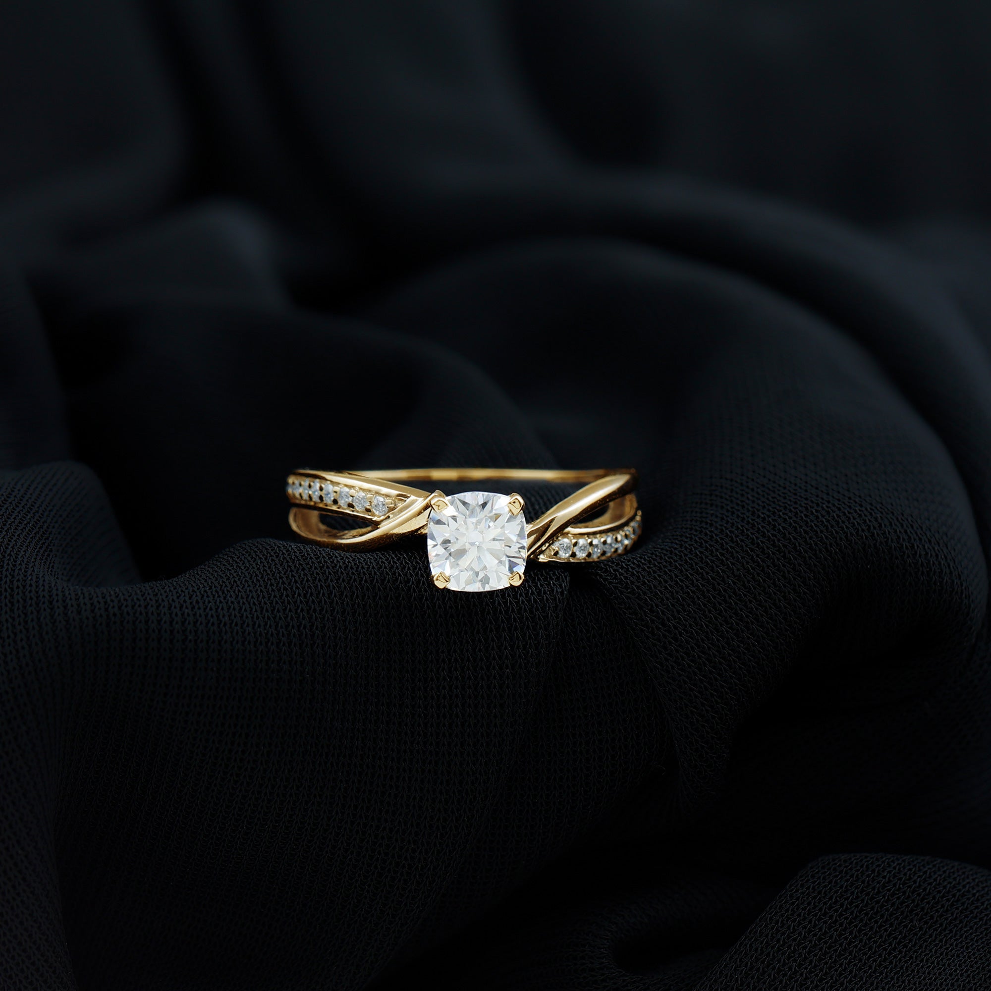 Cushion Cut Diamond Infinity Solitaire Ring with Side Stones