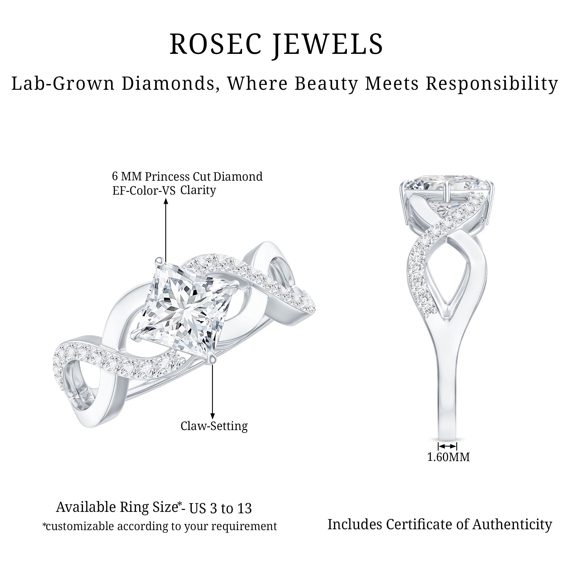 Lab Diamond Crossover Ring with Side Stones