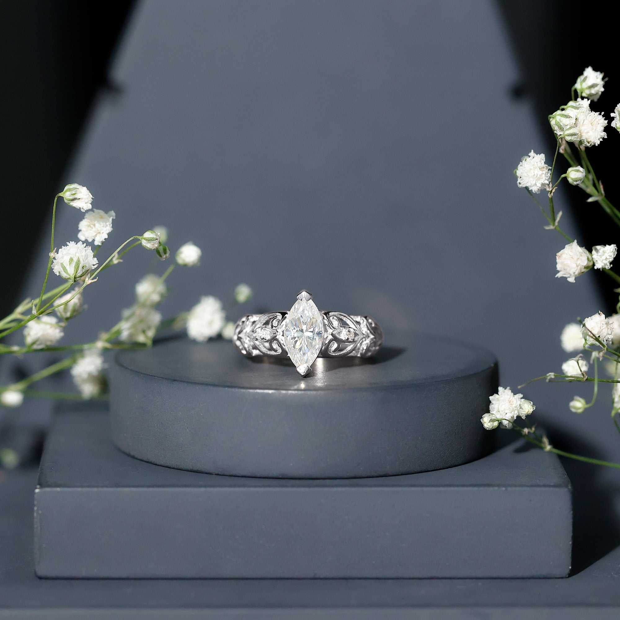 Marquise Cut Lab Grown Diamond Solitaire Filigree Engagement Ring