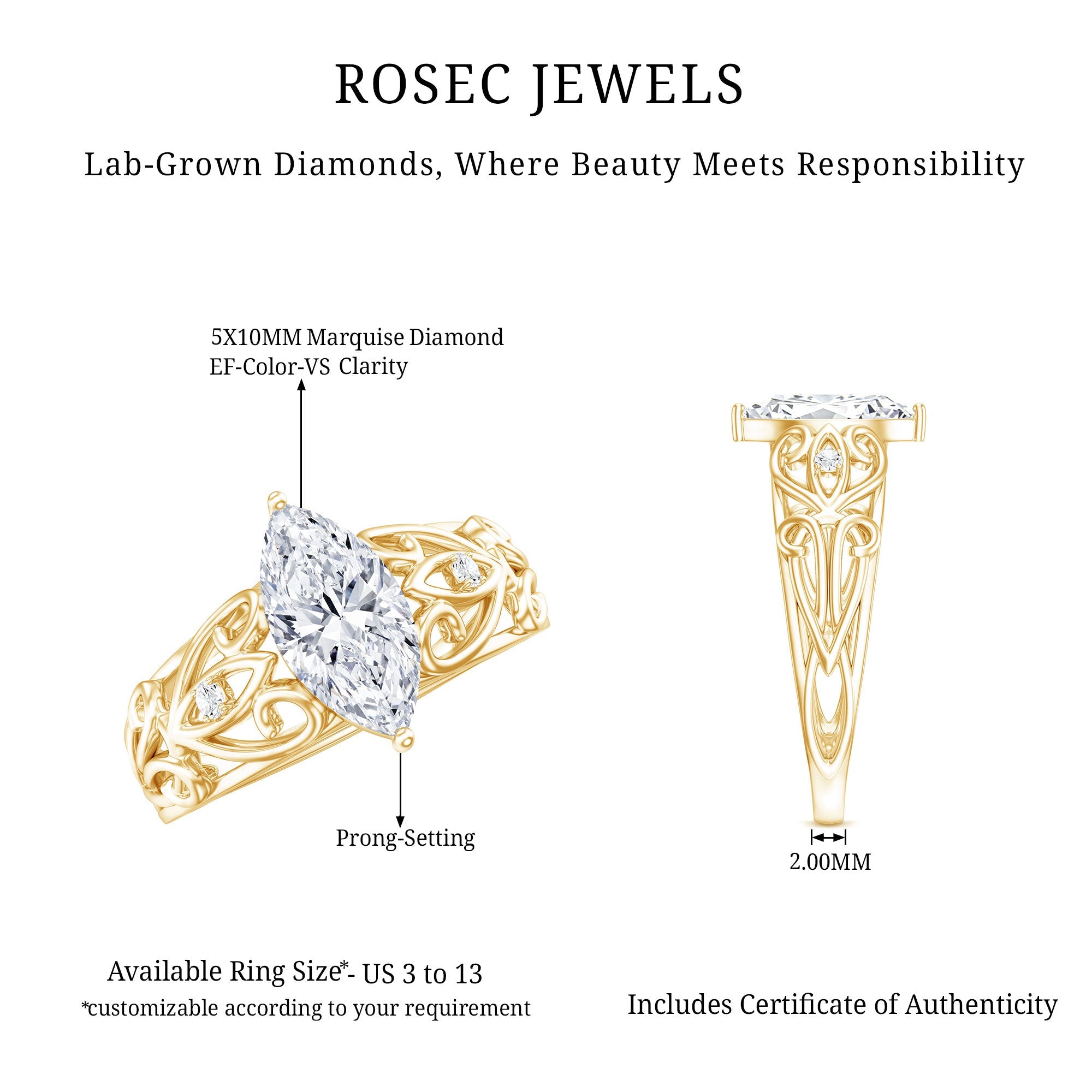 Marquise Cut Lab Grown Diamond Solitaire Filigree Engagement Ring