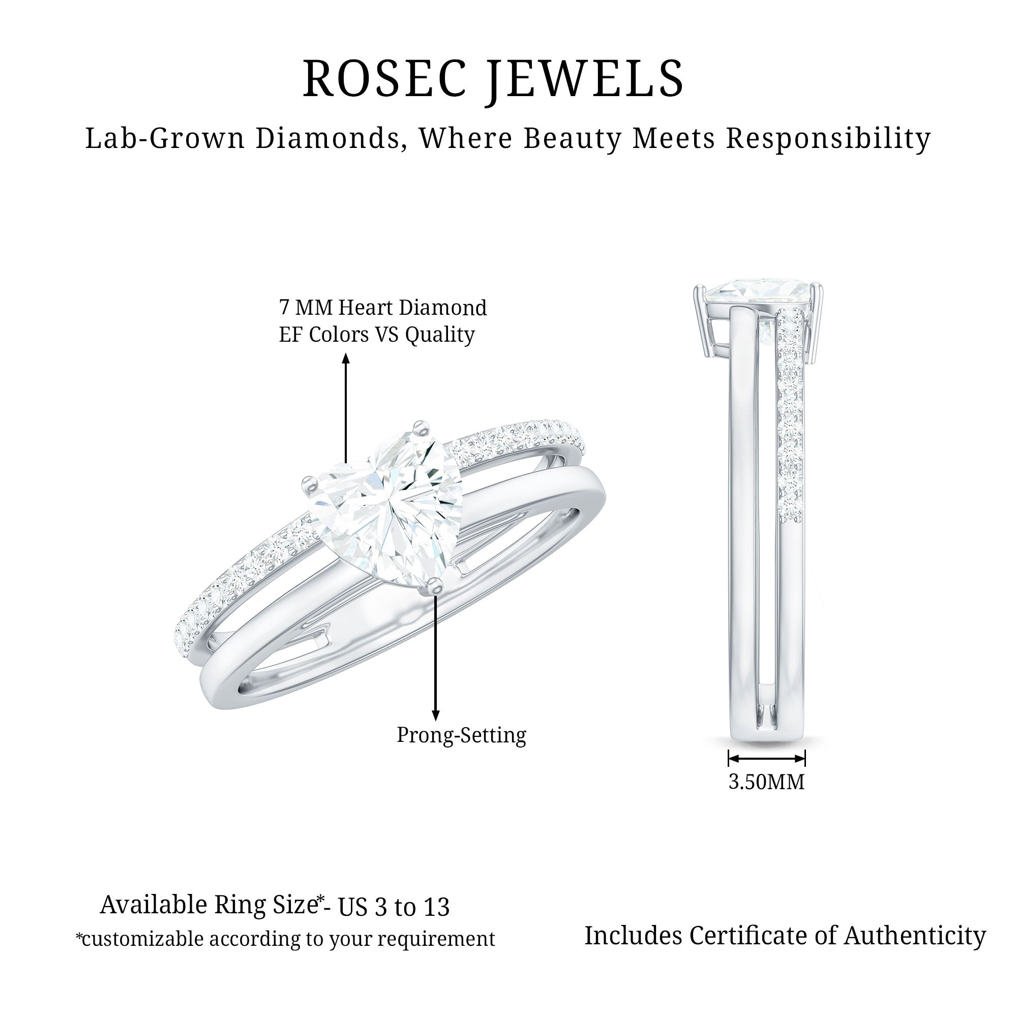 7 MM Heart Shape Lab Grown Diamond Double Band Solitaire Ring