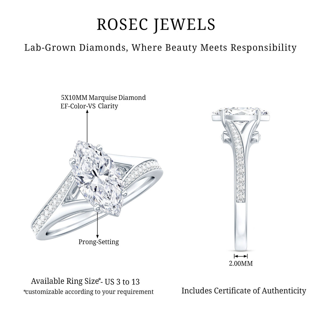 Brilliant Cut Lab Grown Diamond Marquise Engagement Ring with Split Shank