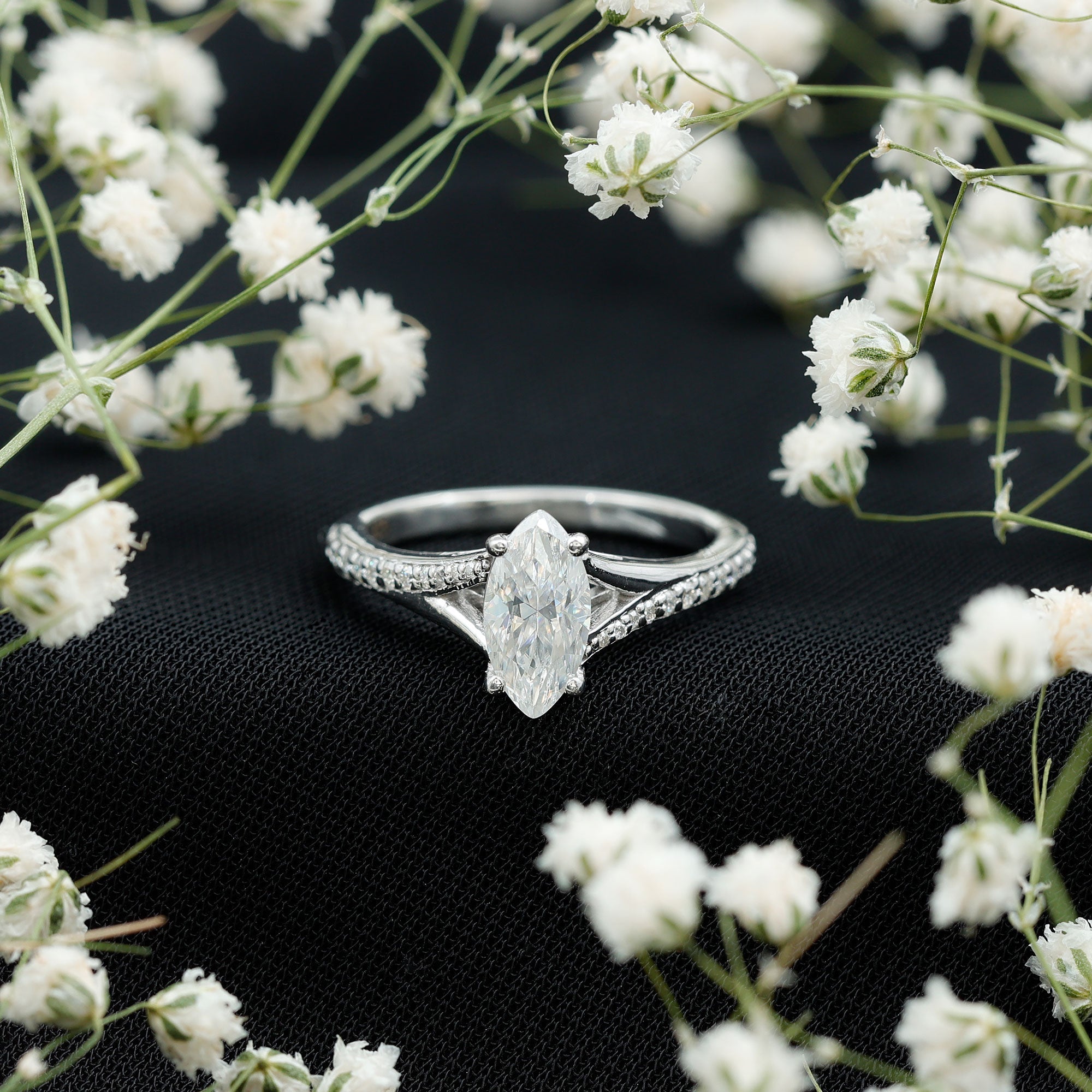 Brilliant Cut Lab Grown Diamond Marquise Engagement Ring with Split Shank