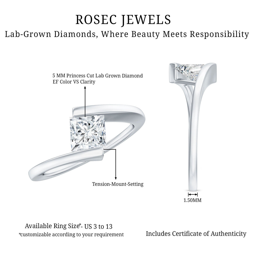5 mm Princess Cut Lab Grown Diamond Ring With Tension Setting