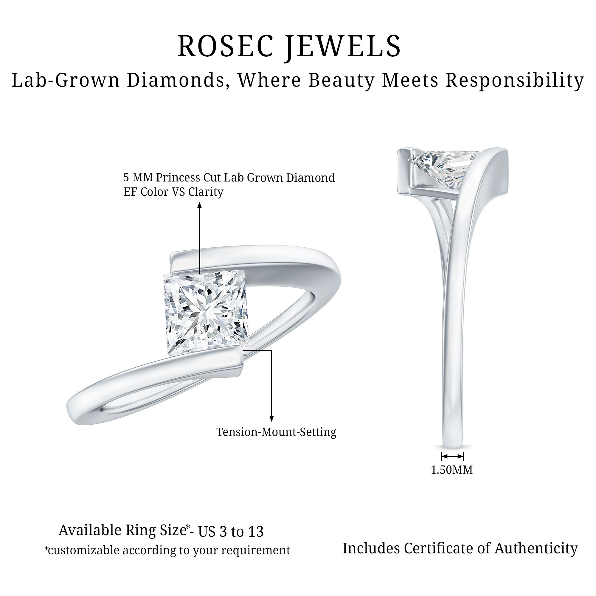 5 mm Princess Cut Lab Grown Diamond Ring With Tension Setting