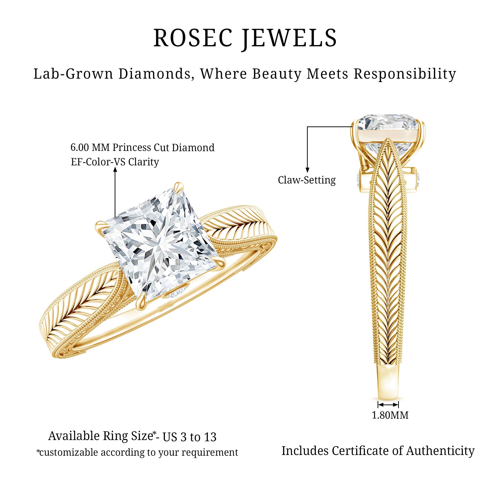 Lab Grown Diamond Engraved Solitaire Engagement Ring in Claw Set